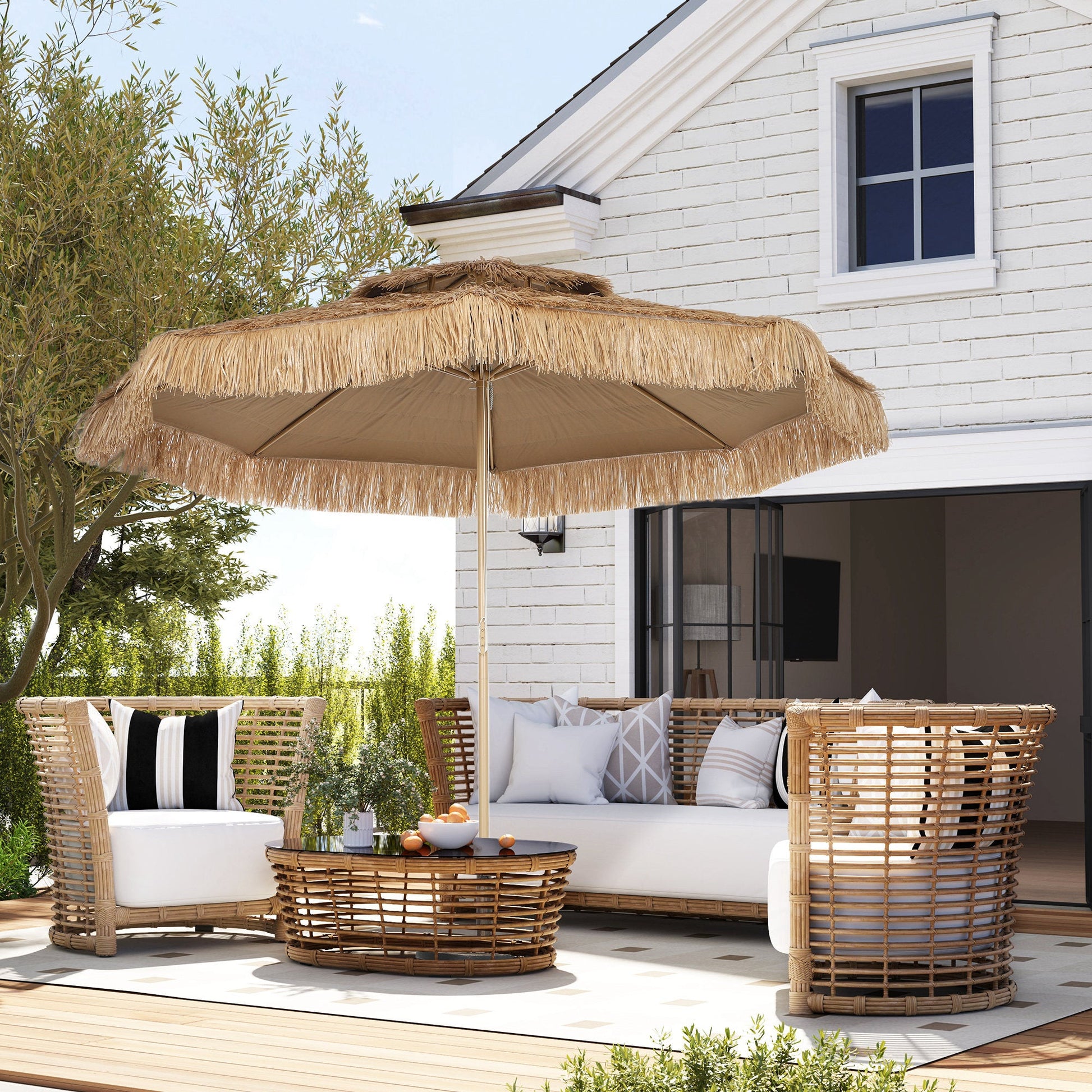 10FT Hula Thatched Tiki Patio Umbrella, 2-Tier Tropical Hawaiian Style Outdoor Umbrella with 8 Ribs, UPF30+, for Garden, Backyard, Deck, Pool, Natural