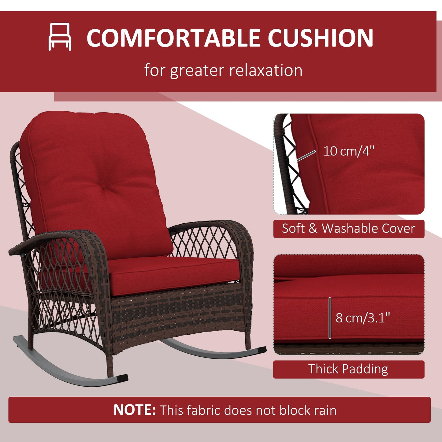 Rattan Rocking Chair, Outdoor Wicker Patio Rocker Chair Furniture with Thick Cushions, for Garden Backyard Porch, Red