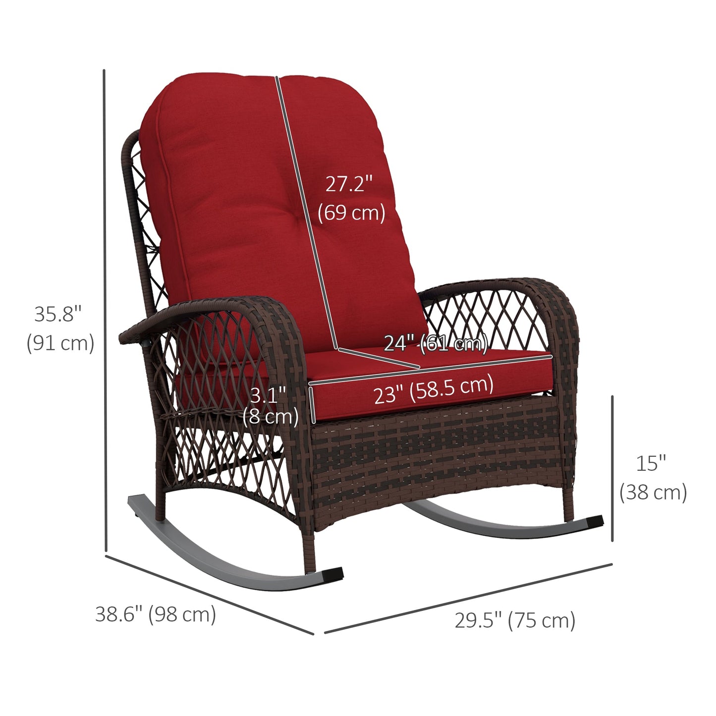 Rattan Rocking Chair, Outdoor Wicker Patio Rocker Chair Furniture with Thick Cushions, for Garden Backyard Porch, Red
