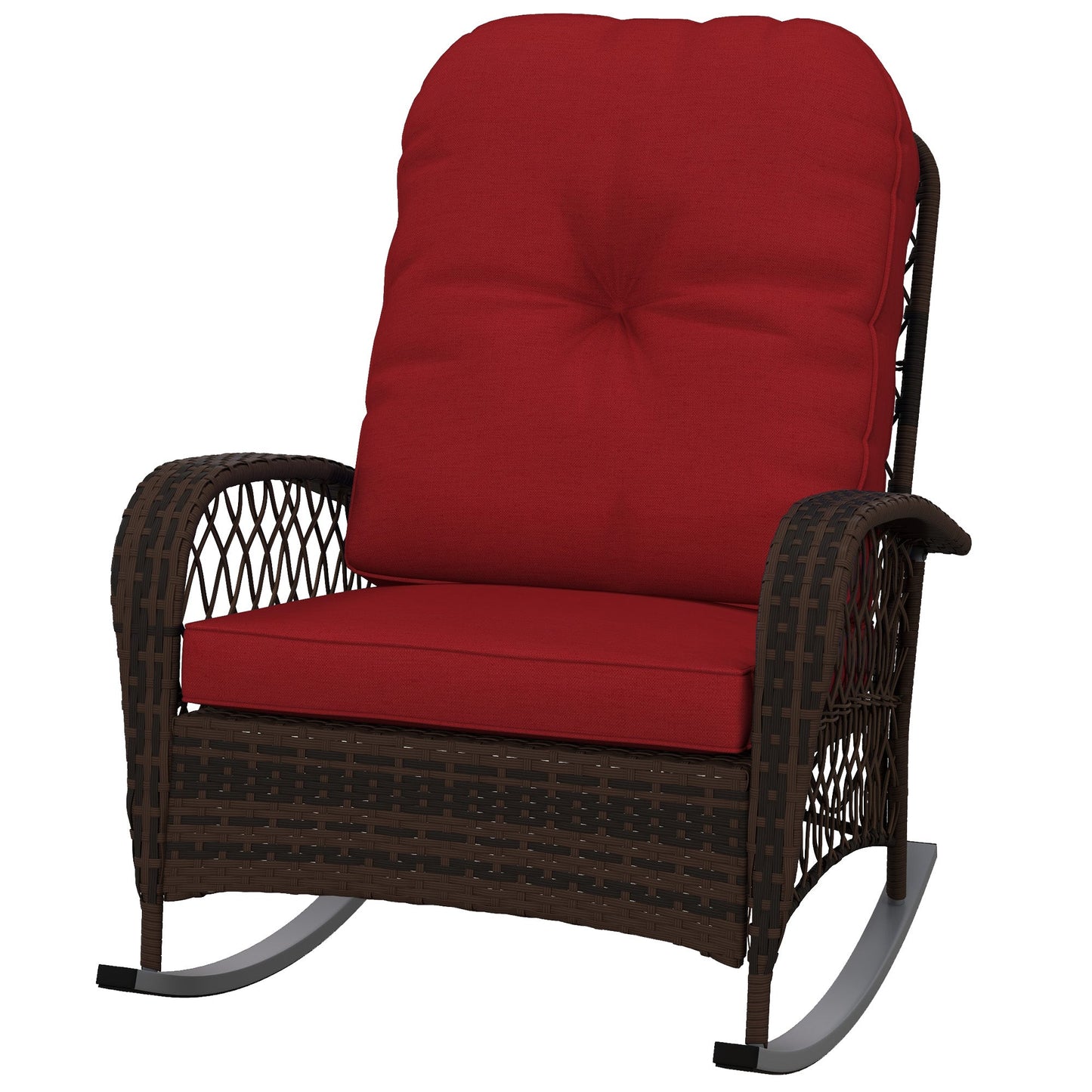 Rattan Rocking Chair, Outdoor Wicker Patio Rocker Chair Furniture with Thick Cushions, for Garden Backyard Porch, Red