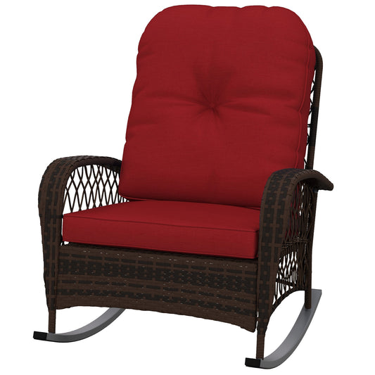 Rattan Rocking Chair, Outdoor Wicker Patio Rocker Chair Furniture with Thick Cushions, for Garden Backyard Porch, Red