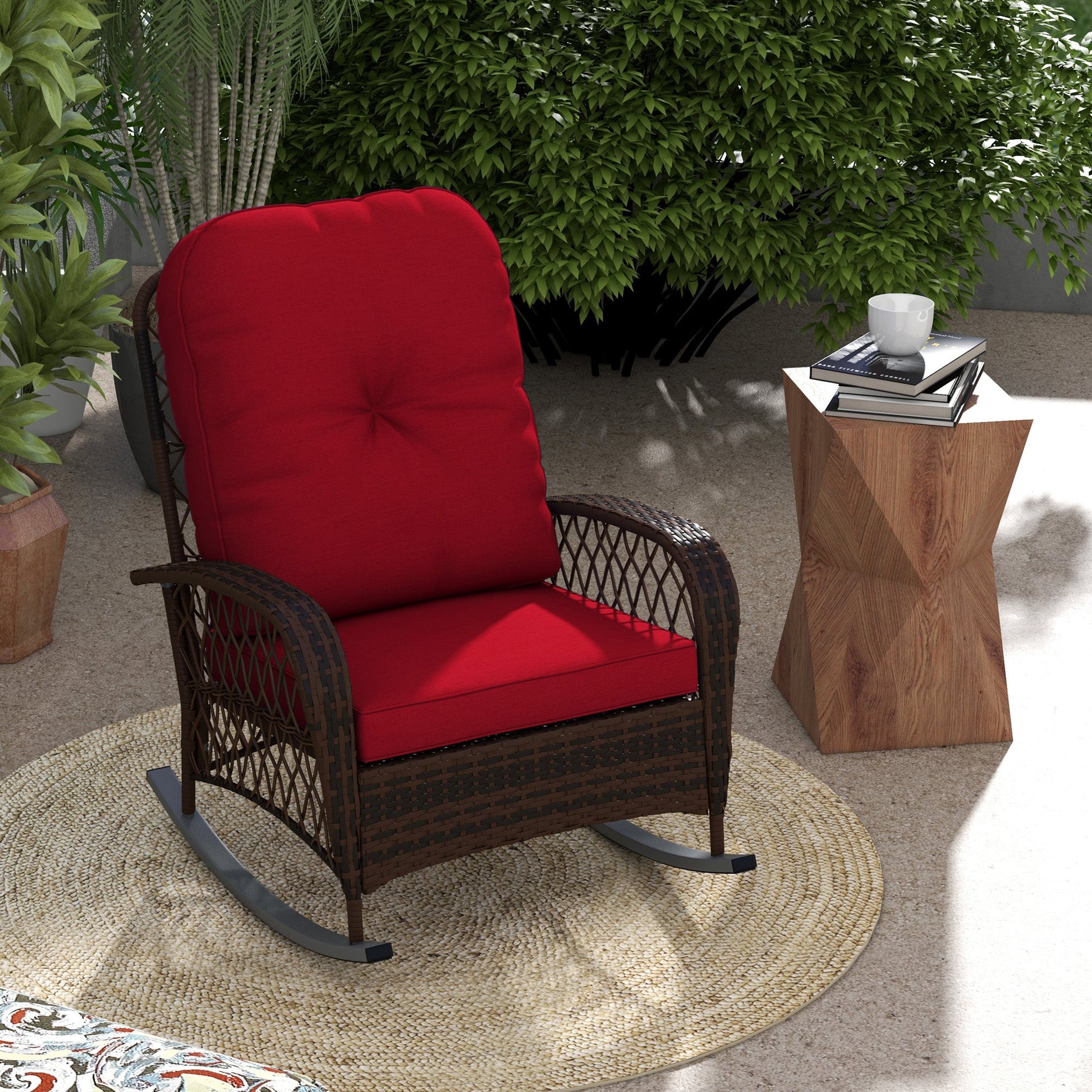 Rattan Rocking Chair, Outdoor Wicker Patio Rocker Chair Furniture with Thick Cushions, for Garden Backyard Porch, Red