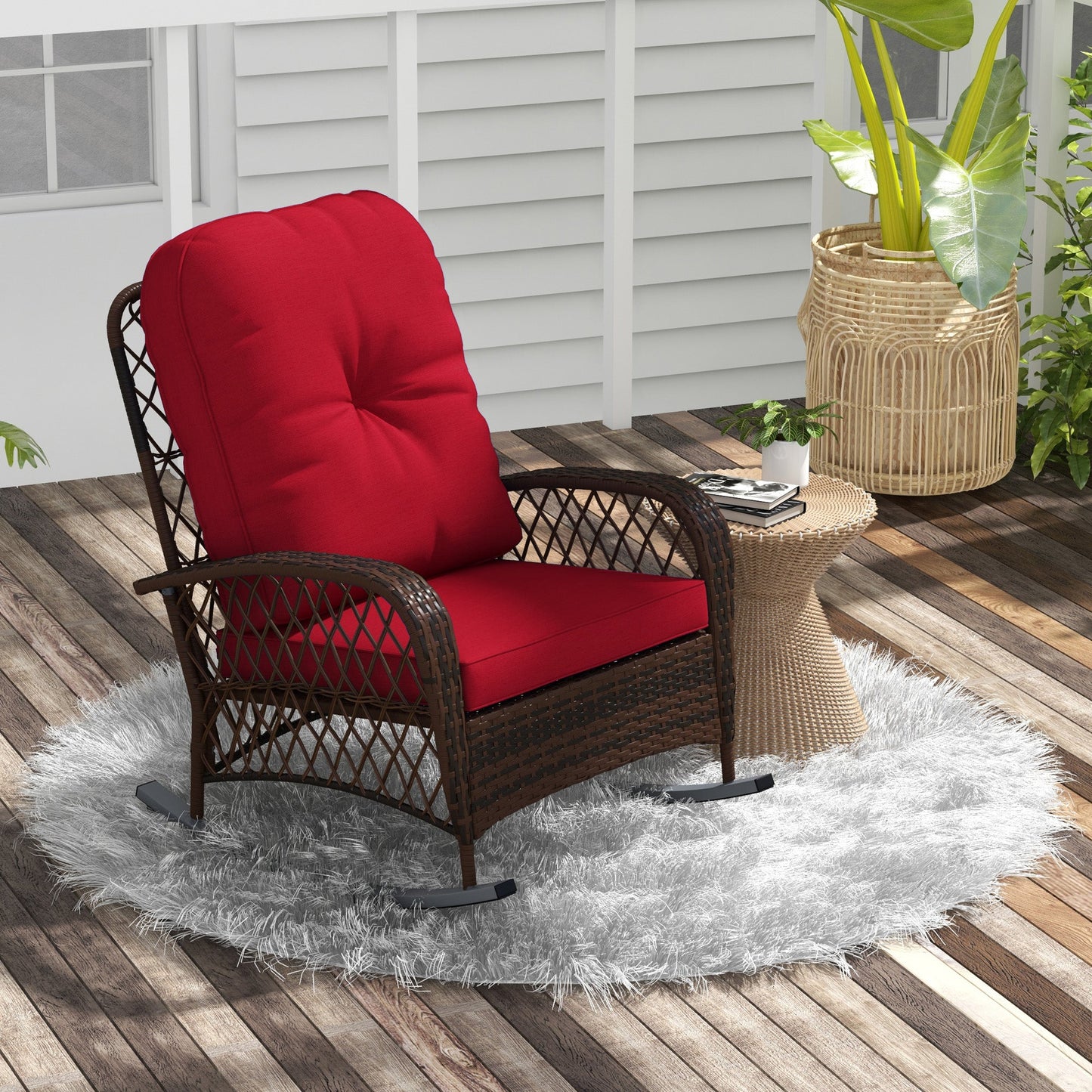 Rattan Rocking Chair, Outdoor Wicker Patio Rocker Chair Furniture with Thick Cushions, for Garden Backyard Porch, Red