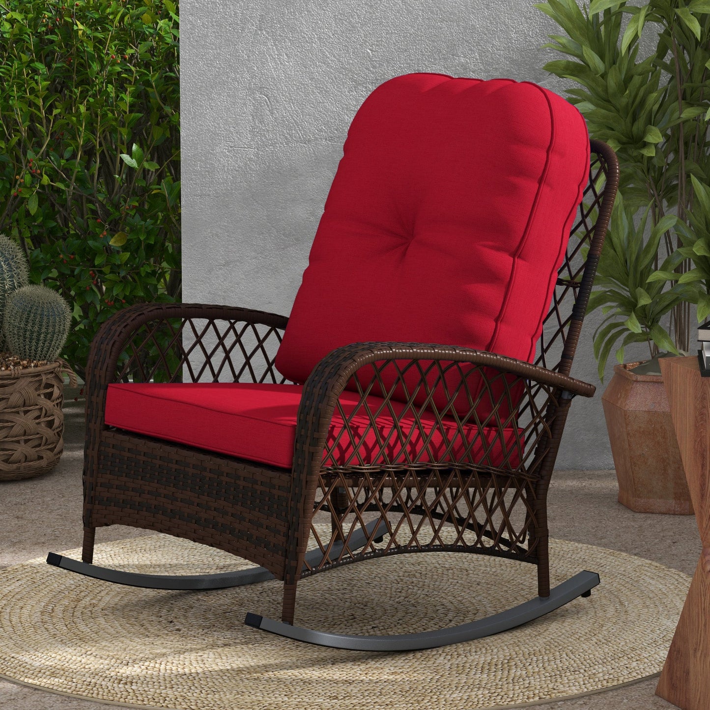 Rattan Rocking Chair, Outdoor Wicker Patio Rocker Chair Furniture with Thick Cushions, for Garden Backyard Porch, Red