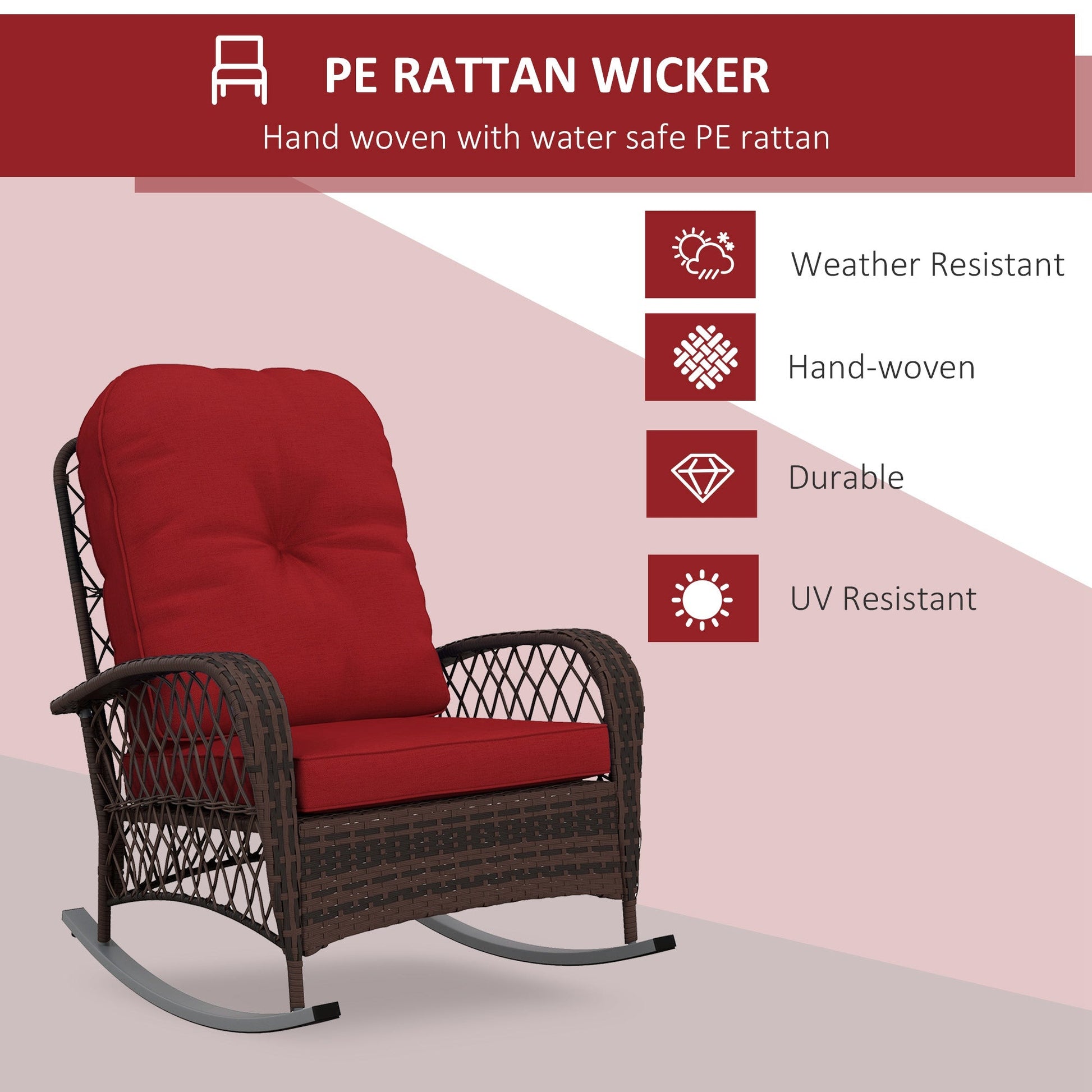 Rattan Rocking Chair, Outdoor Wicker Patio Rocker Chair Furniture with Thick Cushions, for Garden Backyard Porch, Red