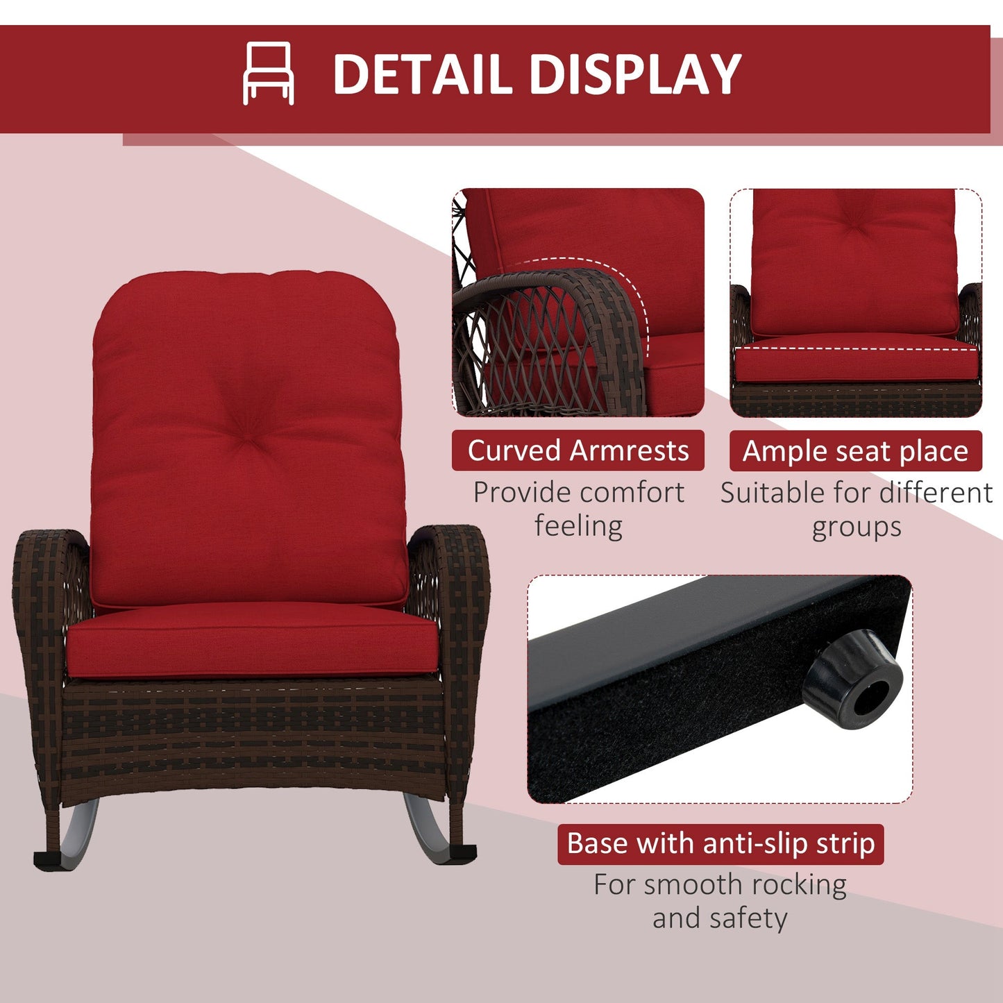 Rattan Rocking Chair, Outdoor Wicker Patio Rocker Chair Furniture with Thick Cushions, for Garden Backyard Porch, Red