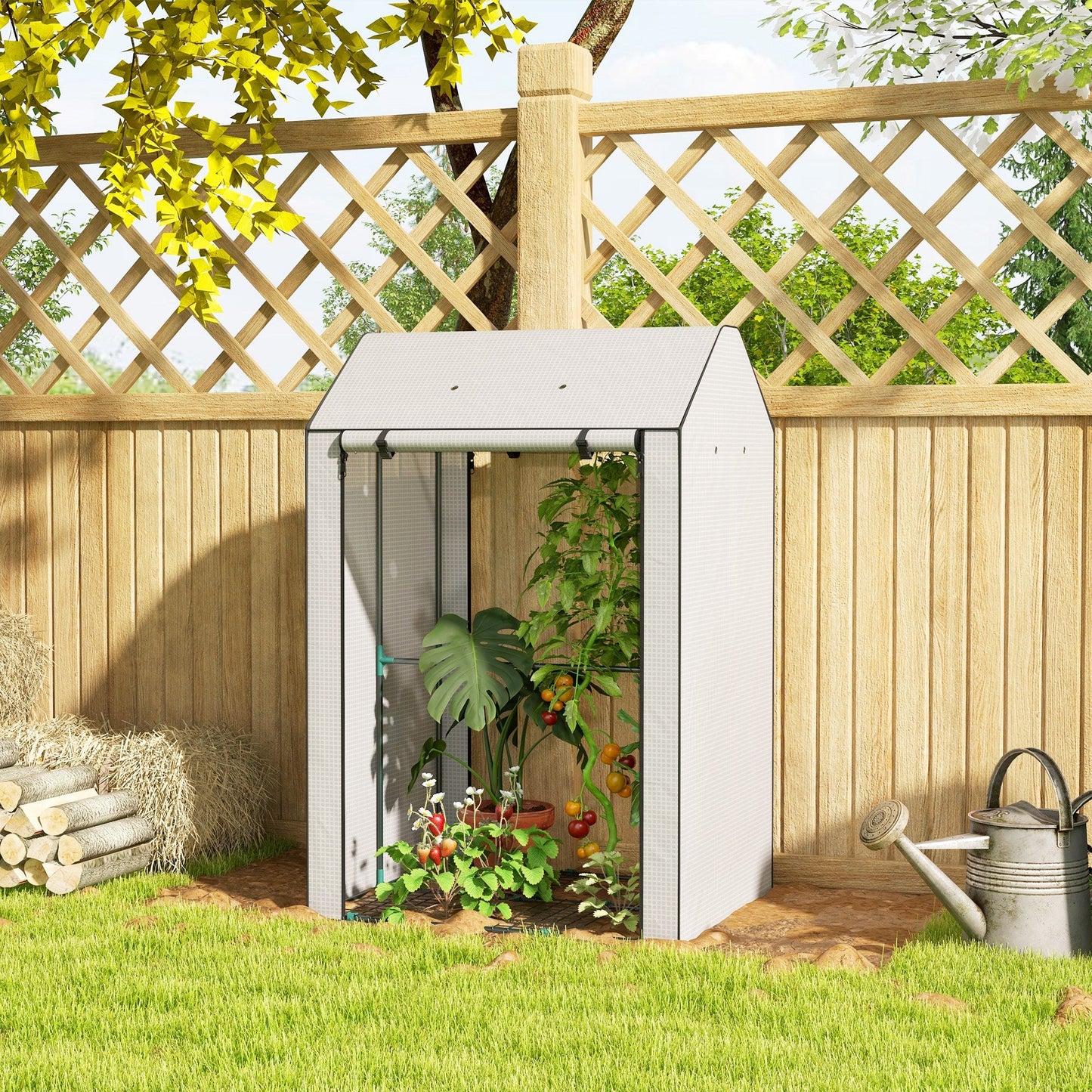 Mini Greenhouse with 4 Wire Shelves, Portable Tomato Greenhouse, 39.4" x 31.5" x 59.1" Garden Hot House with Roll Up Door and Vents, White