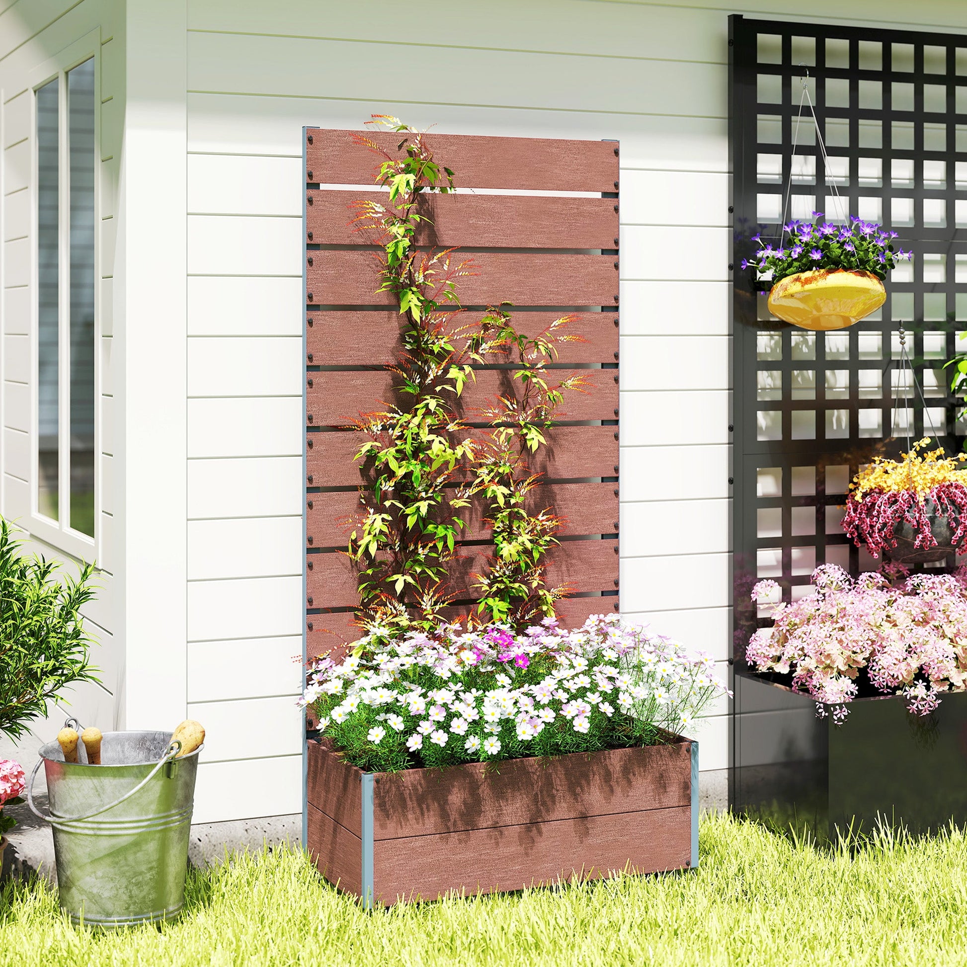 Raised Garden Bed with Trellis for Climbing Plants, 28" x 15" x 59" Planter Box with Self Draining Gap, Freestanding Trellis Planter for Outdoor, Patio, Light Brown