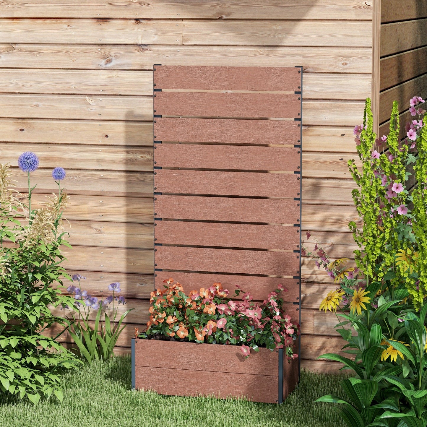 Raised Garden Bed with Trellis for Climbing Plants, 28" x 15" x 59" Planter Box with Self Draining Gap, Freestanding Trellis Planter for Outdoor, Patio, Light Brown
