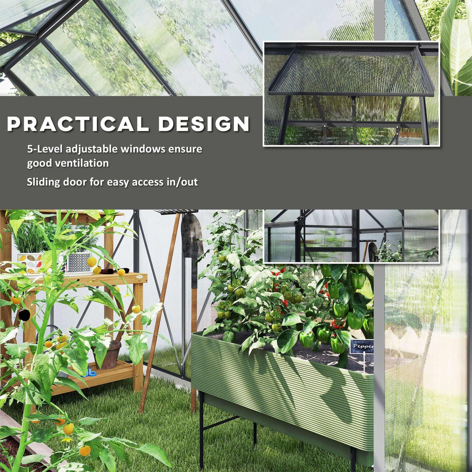 6' x 8' x 6.5' Polycarbonate Greenhouse, Walk-in Green House with Adjustable Roof Vent Galvanized Base Sliding Door Rain Gutter for Outdoor Garden Backyard, Charcoal Grey
