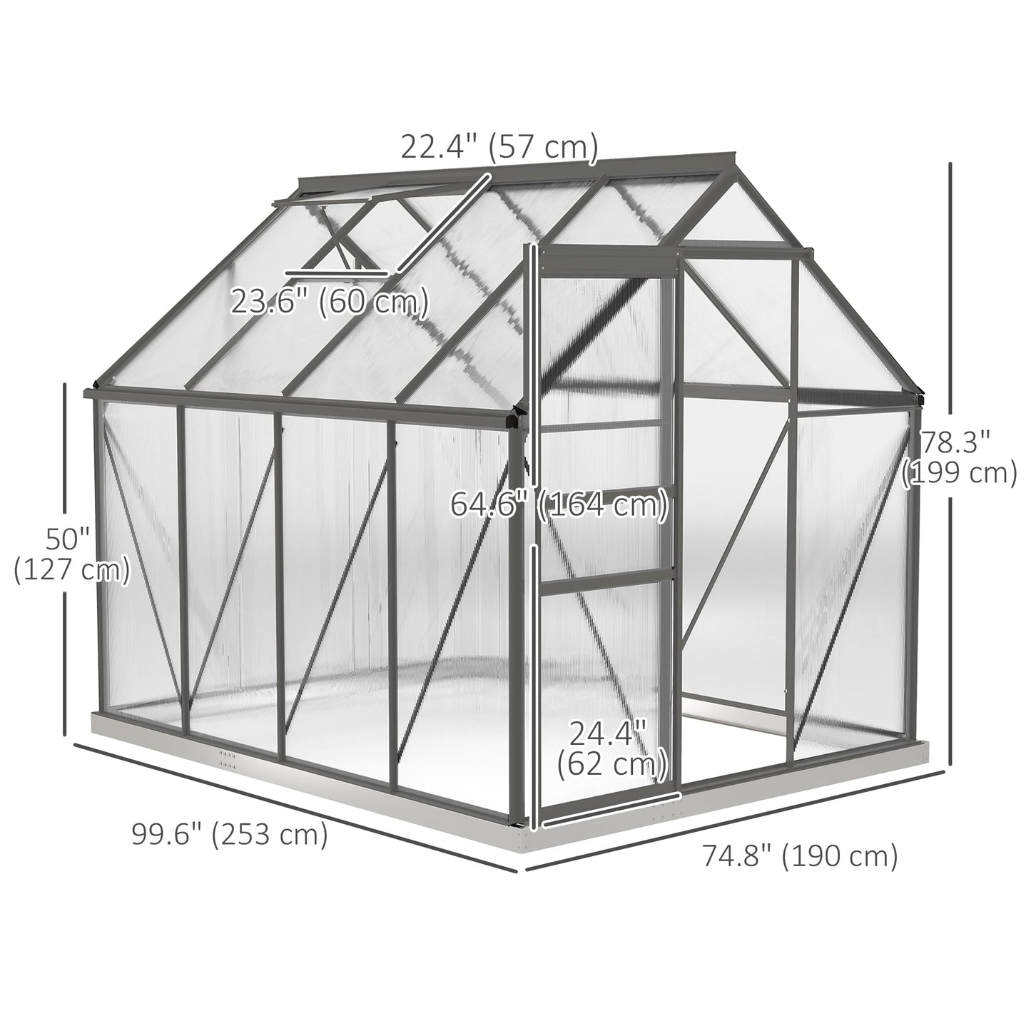 6' x 8' x 6.5' Polycarbonate Greenhouse, Walk-in Green House with Adjustable Roof Vent Galvanized Base Sliding Door Rain Gutter for Outdoor Garden Backyard, Charcoal Grey
