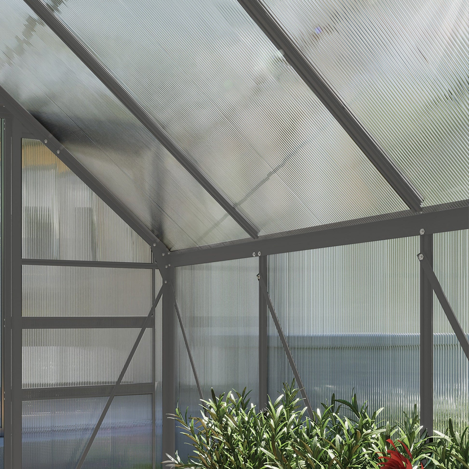 6' x 8' x 6.5' Polycarbonate Greenhouse, Walk-in Green House with Adjustable Roof Vent Galvanized Base Sliding Door Rain Gutter for Outdoor Garden Backyard, Charcoal Grey