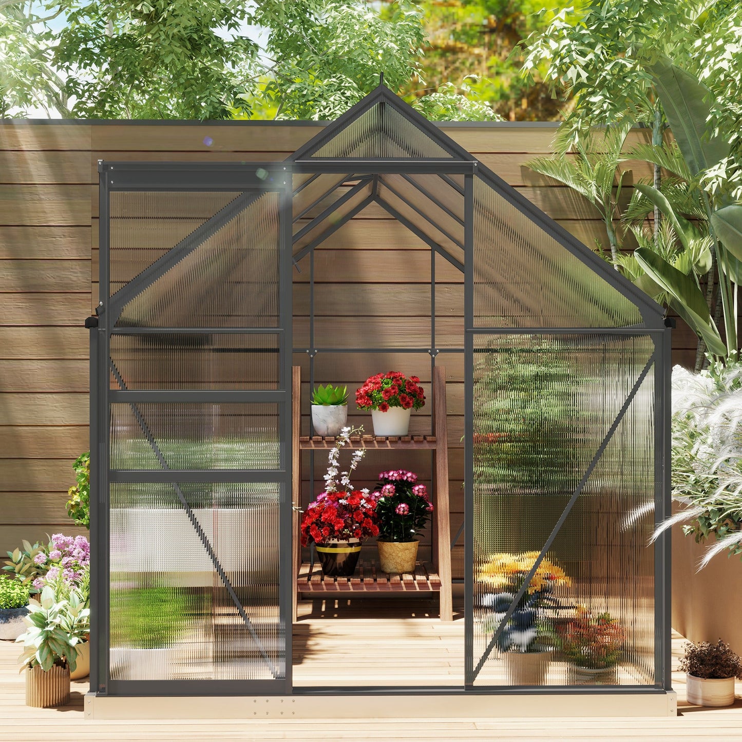 6' x 8' x 6.5' Polycarbonate Greenhouse, Walk-in Green House with Adjustable Roof Vent Galvanized Base Sliding Door Rain Gutter for Outdoor Garden Backyard, Charcoal Grey