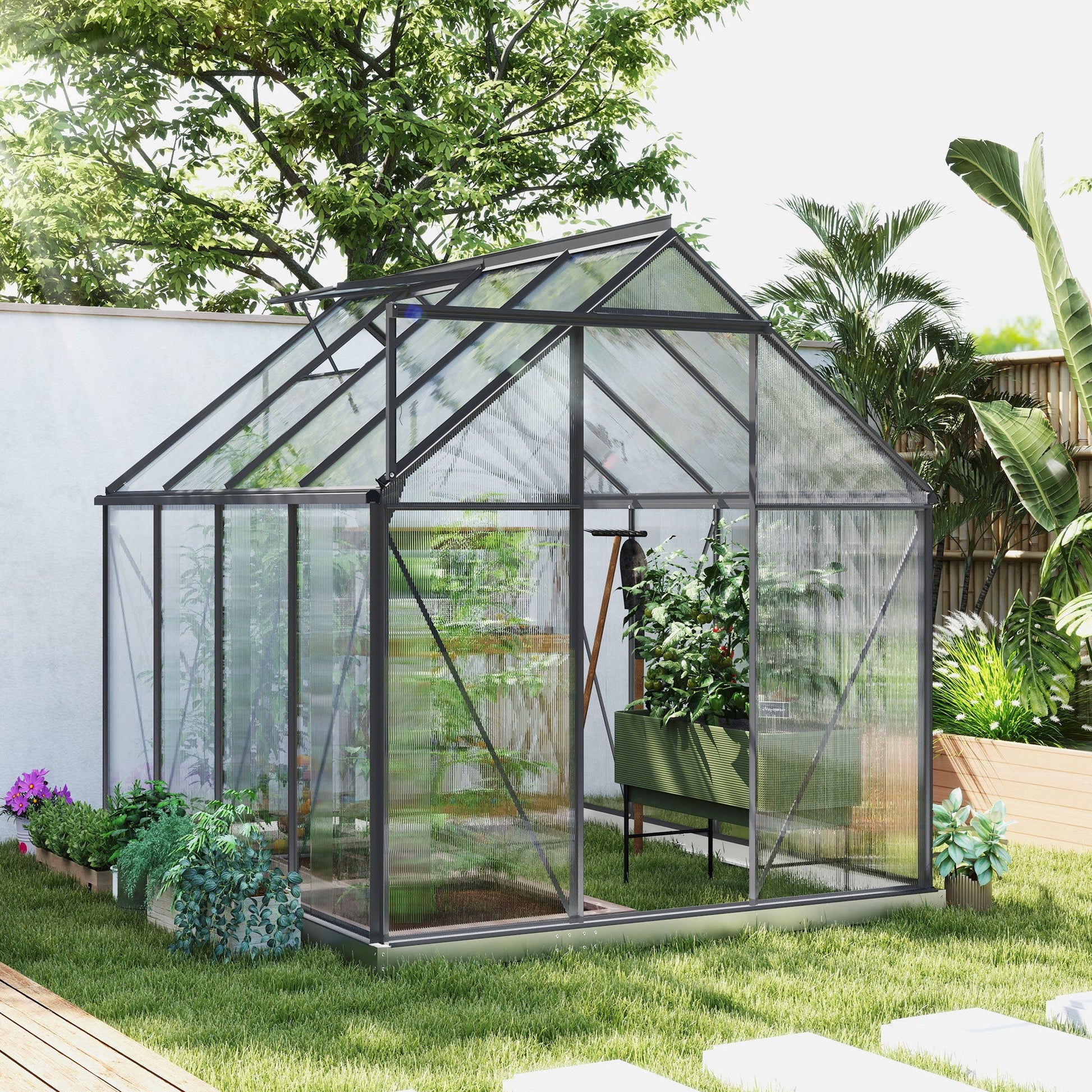 6' x 8' x 6.5' Polycarbonate Greenhouse, Walk-in Green House with Adjustable Roof Vent Galvanized Base Sliding Door Rain Gutter for Outdoor Garden Backyard, Charcoal Grey