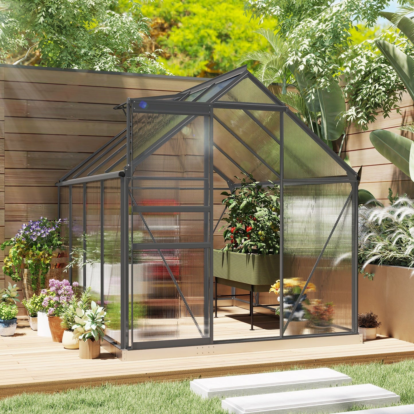 6' x 8' x 6.5' Polycarbonate Greenhouse, Walk-in Green House with Adjustable Roof Vent Galvanized Base Sliding Door Rain Gutter for Outdoor Garden Backyard, Charcoal Grey