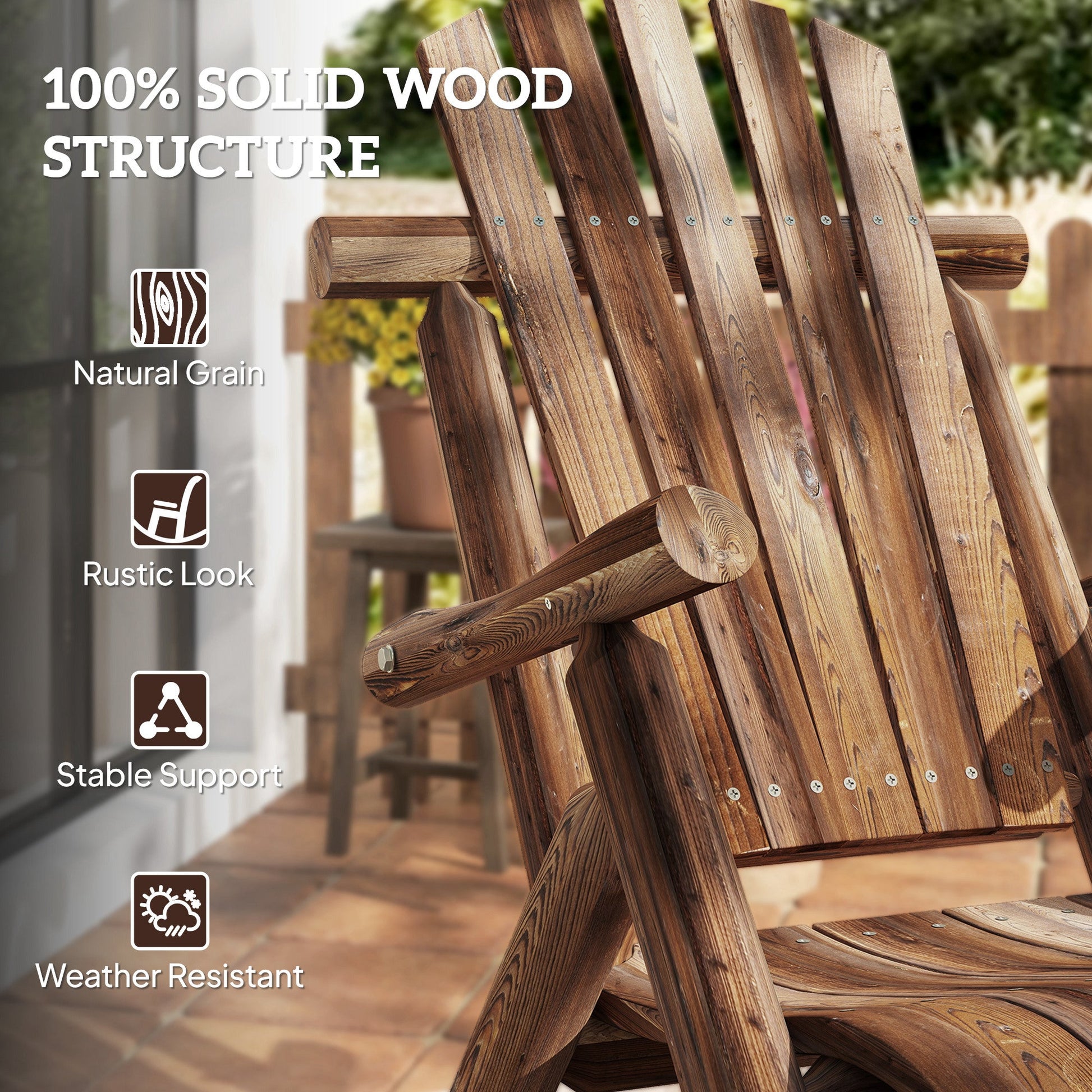 Outdoor Rocking Chair, Wooden Adirondack Outdoor Rocker with High Back and Slatted Seat, Oversized Rustic Patio Rocking Chair for Garden, Porch, Yard, Balcony, Carbonized