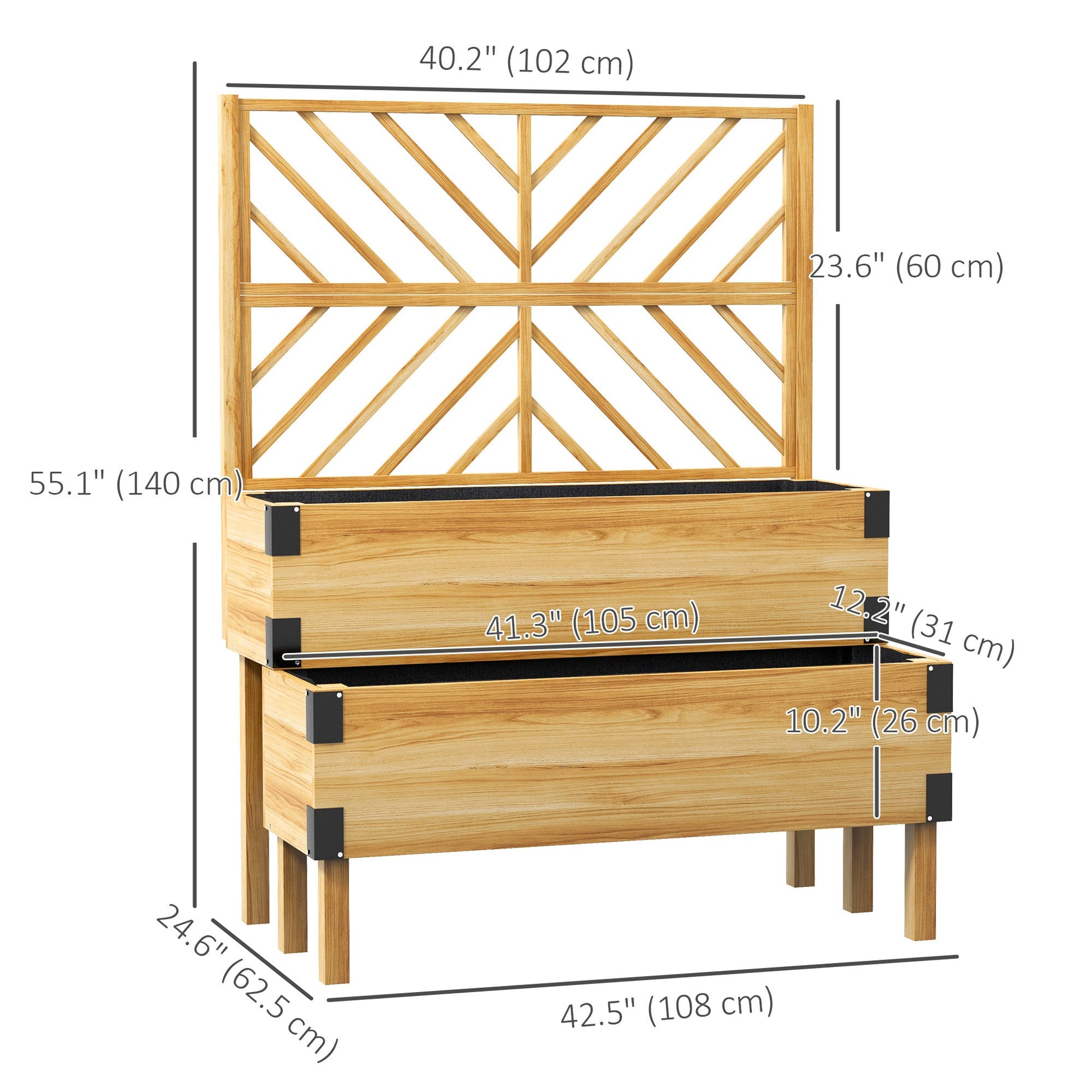Raised Garden Bed with Trellis, 2 Tier Wooden Elevated Planter Box with Legs and Metal Corners for Vegetables, Flowers, Herbs, Natural