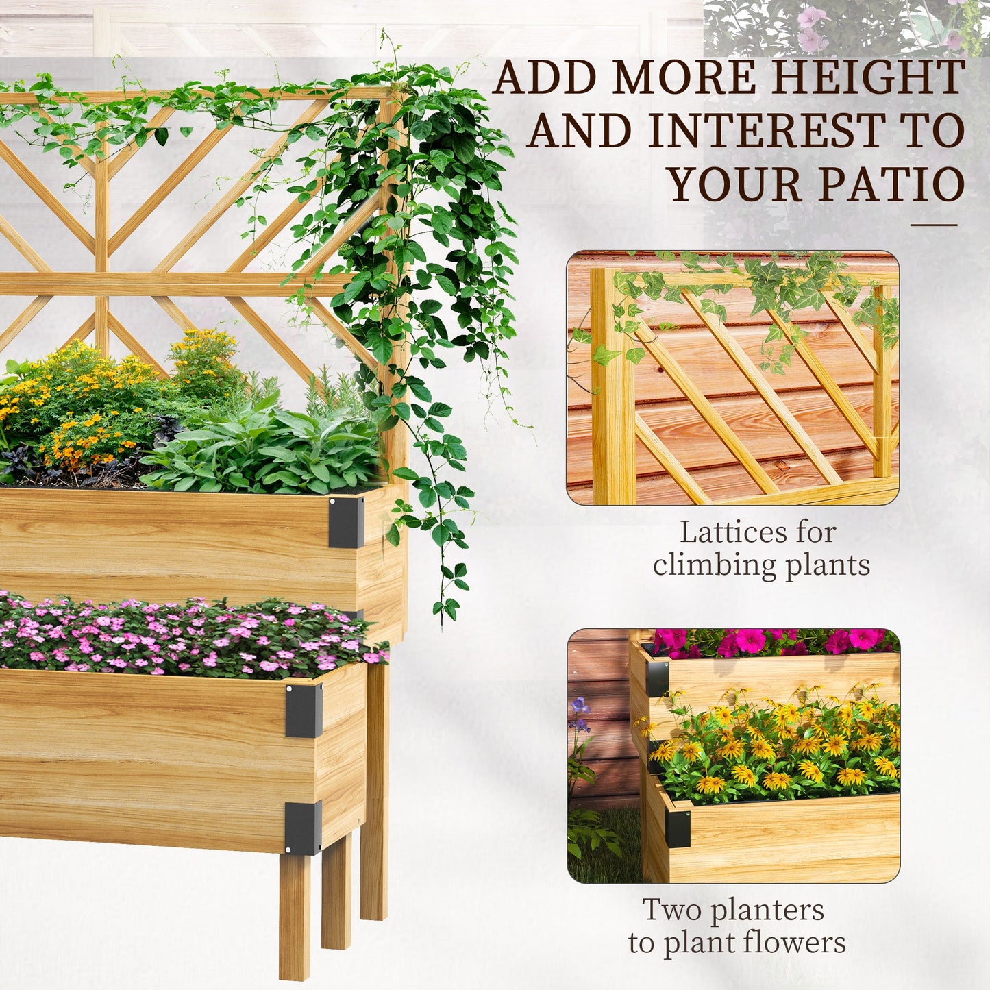 Raised Garden Bed with Trellis, 2 Tier Wooden Elevated Planter Box with Legs and Metal Corners for Vegetables, Flowers, Herbs, Natural