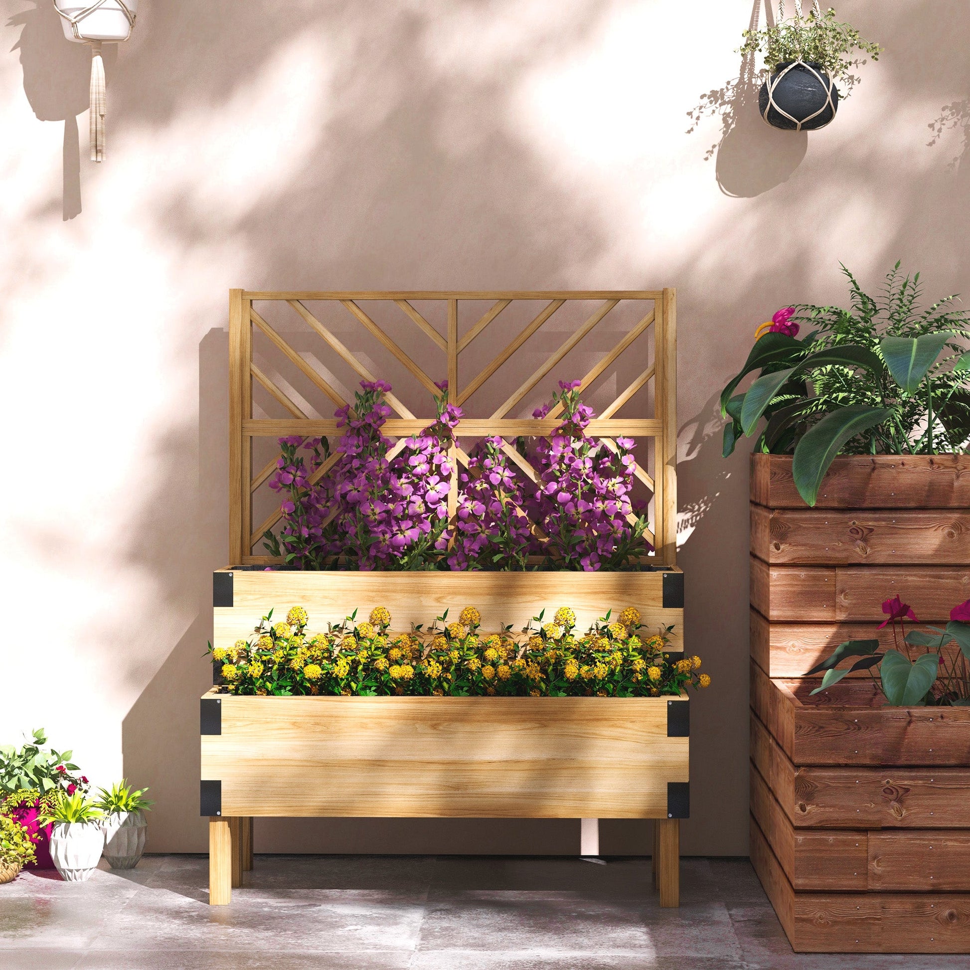 Raised Garden Bed with Trellis, 2 Tier Wooden Elevated Planter Box with Legs and Metal Corners for Vegetables, Flowers, Herbs, Natural