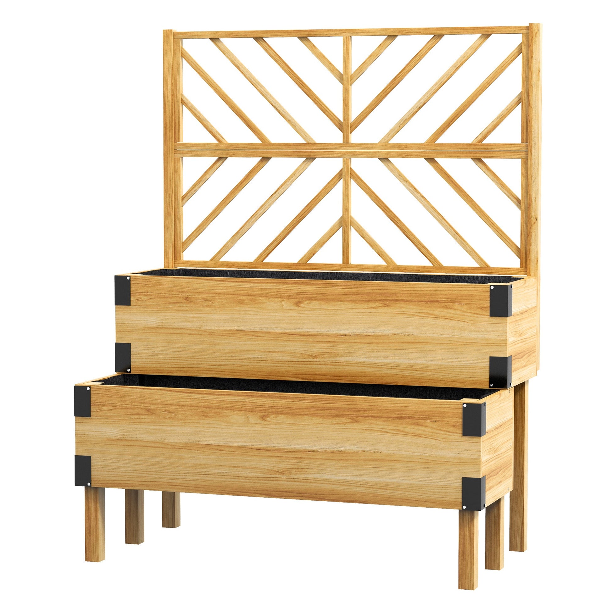 Raised Garden Bed with Trellis, 2 Tier Wooden Elevated Planter Box with Legs and Metal Corners for Vegetables, Flowers, Herbs, Natural