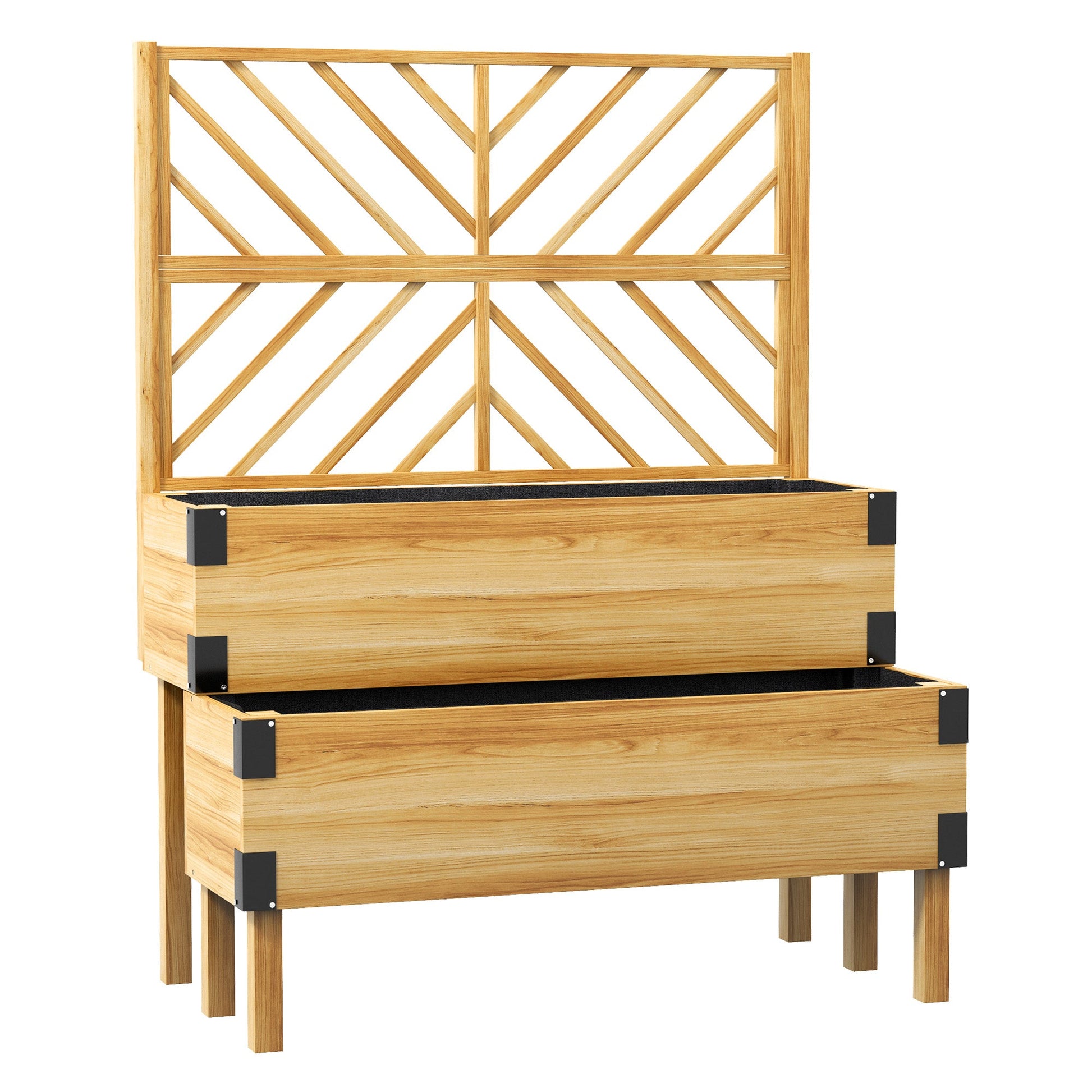 Raised Garden Bed with Trellis, 2 Tier Wooden Elevated Planter Box with Legs and Metal Corners for Vegetables, Flowers, Herbs, Natural