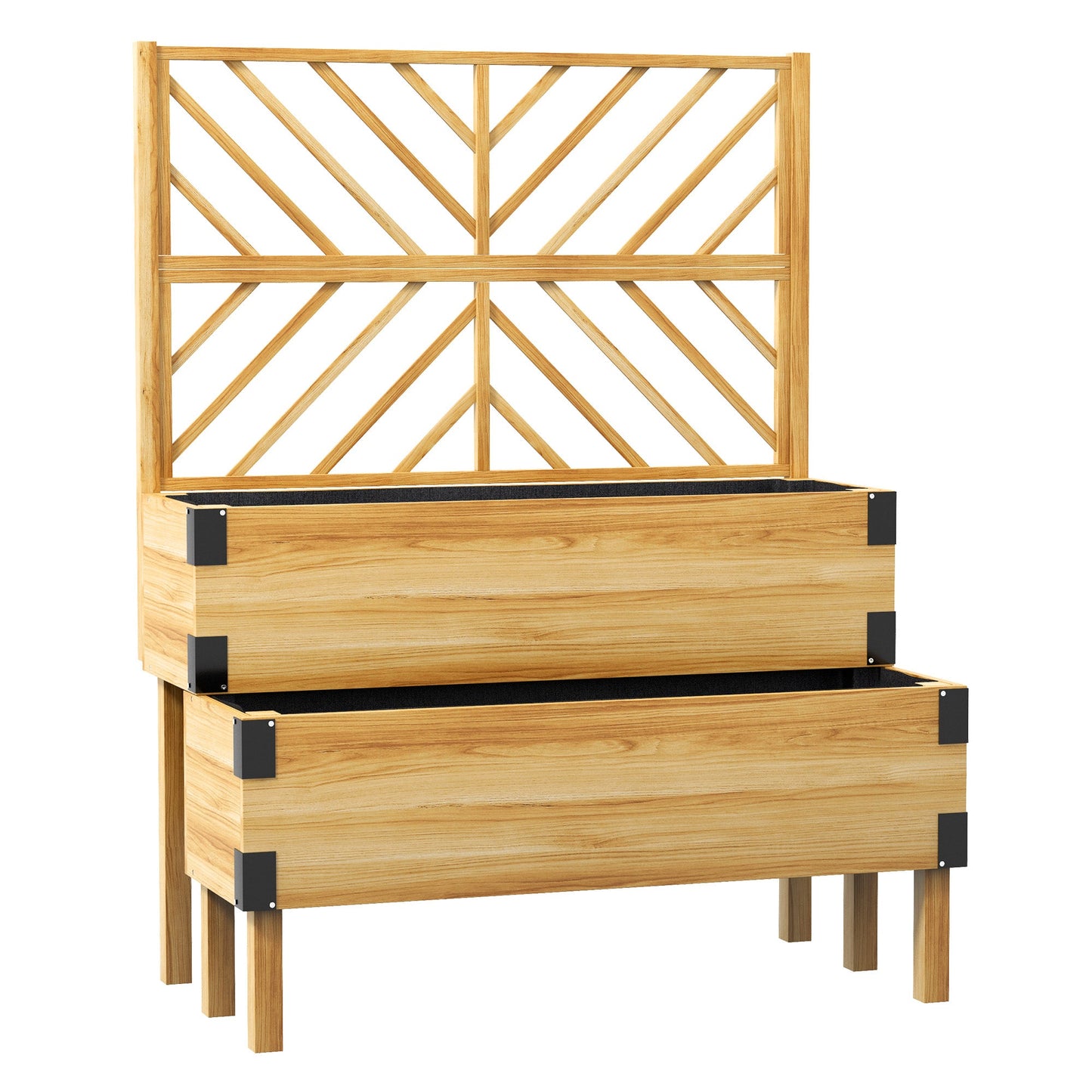 Raised Garden Bed with Trellis, 2 Tier Wooden Elevated Planter Box with Legs and Metal Corners for Vegetables, Flowers, Herbs, Natural