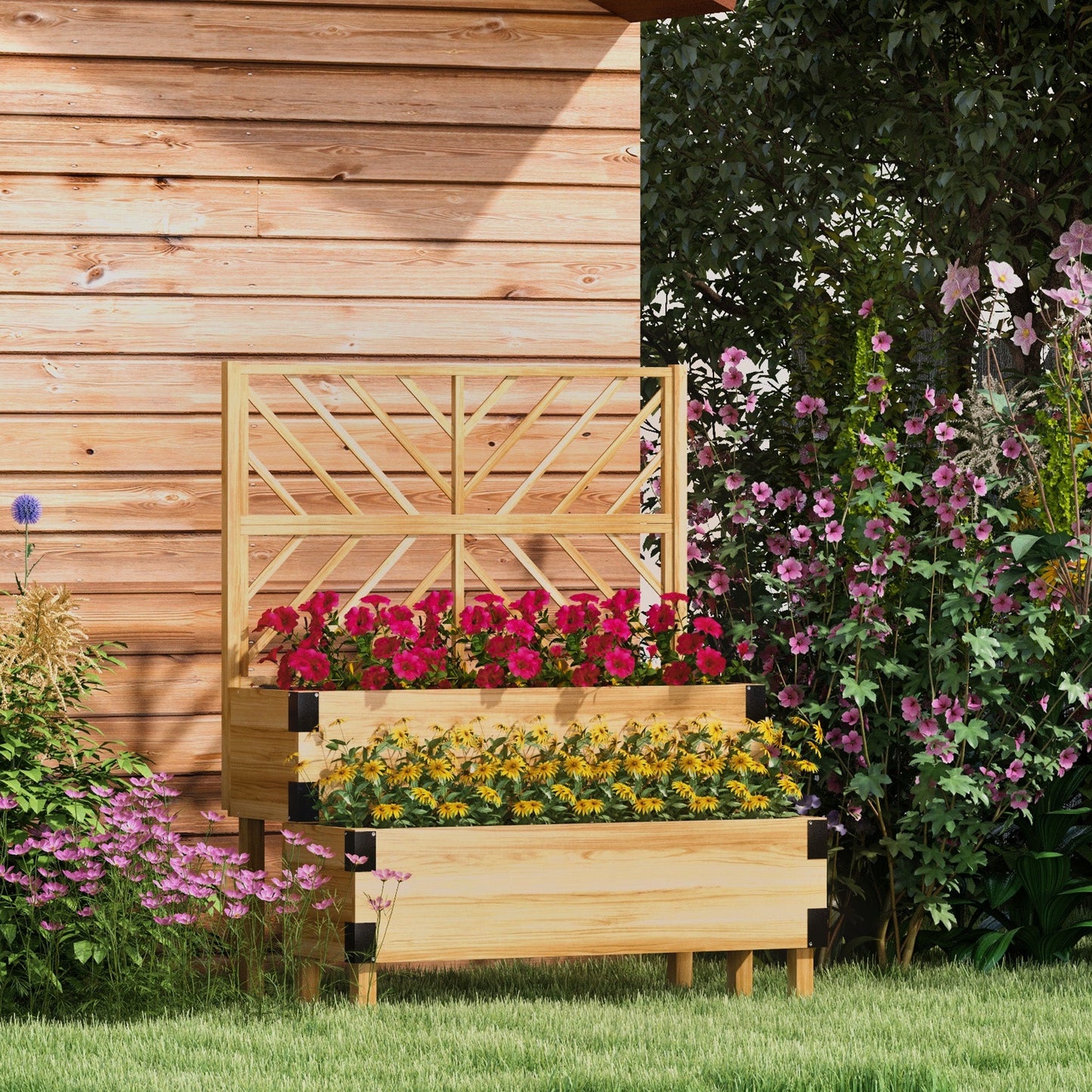Raised Garden Bed with Trellis, 2 Tier Wooden Elevated Planter Box with Legs and Metal Corners for Vegetables, Flowers, Herbs, Natural