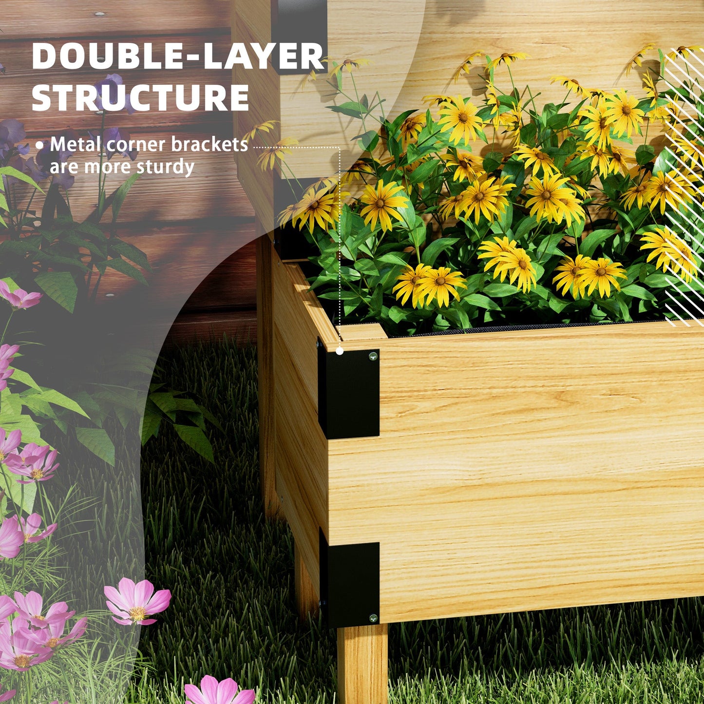 Raised Garden Bed with Trellis, 2 Tier Wooden Elevated Planter Box with Legs and Metal Corners for Vegetables, Flowers, Herbs, Natural