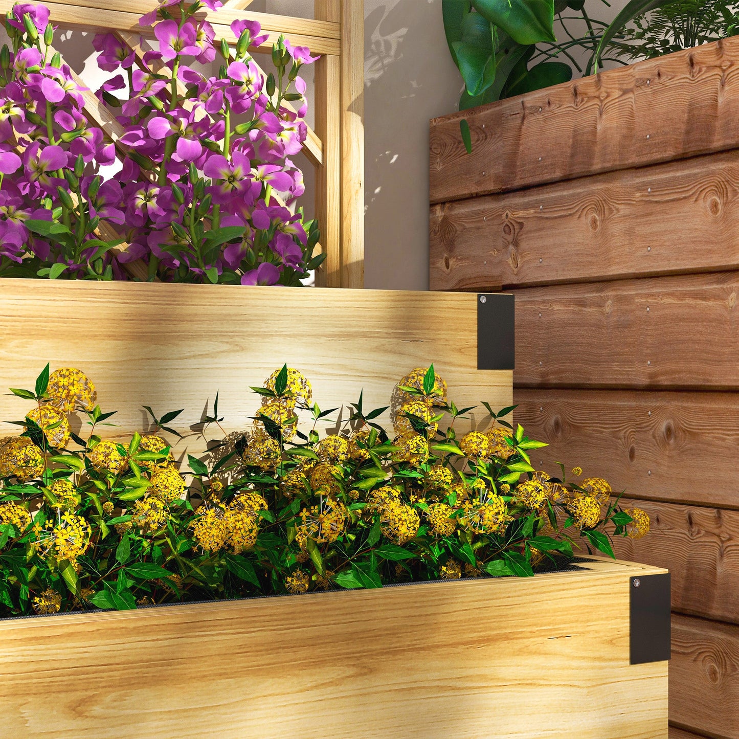 Raised Garden Bed with Trellis, 2 Tier Wooden Elevated Planter Box with Legs and Metal Corners for Vegetables, Flowers, Herbs, Natural