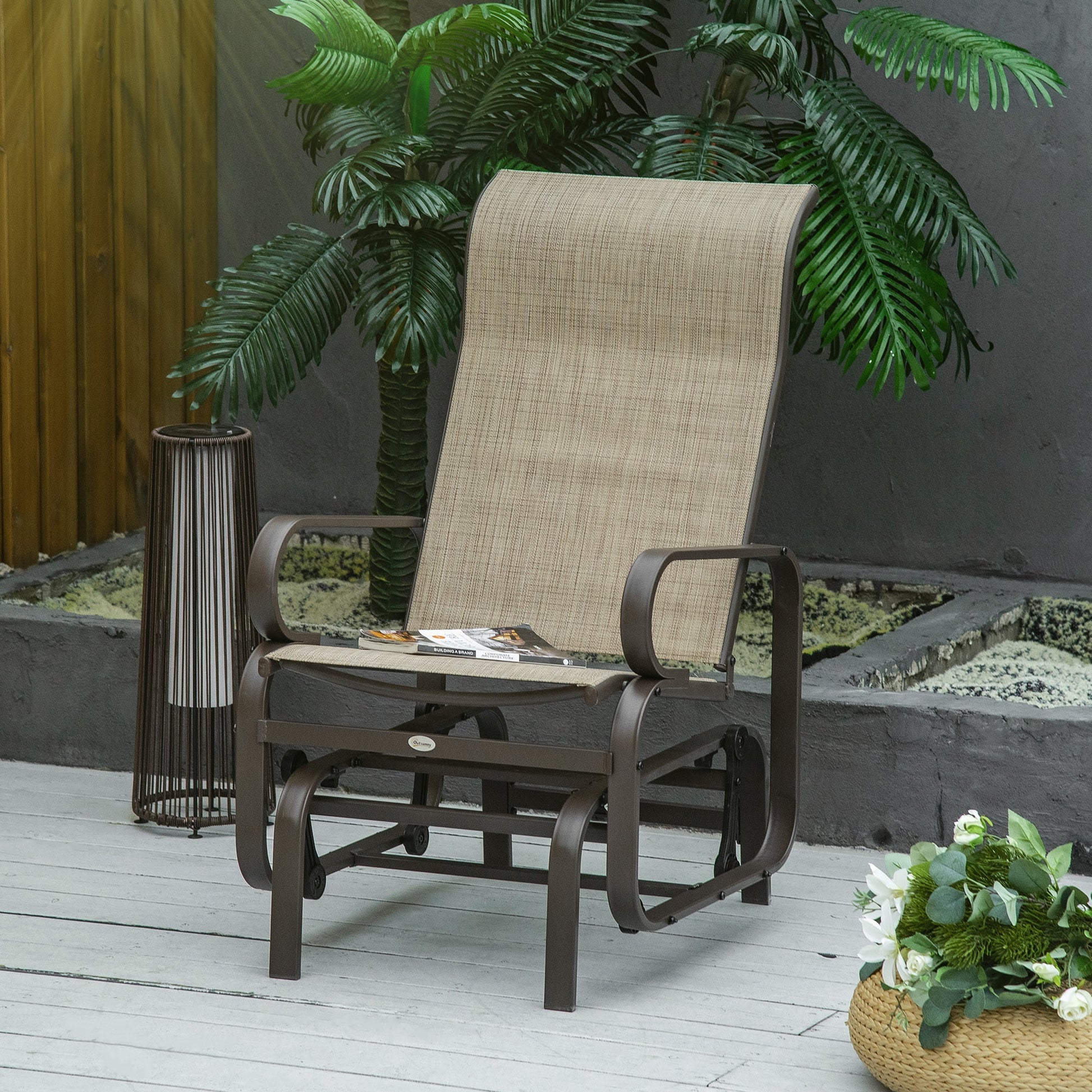 Patio Glider with Breathable Mesh Fabric, Outdoor Glider Chair, Garden Rocking Gliding Seat for Patio, Yard, Porch, Brown Flaxen