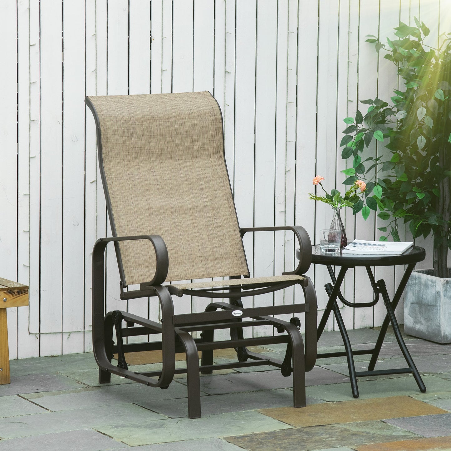 Patio Glider with Breathable Mesh Fabric, Outdoor Glider Chair, Garden Rocking Gliding Seat for Patio, Yard, Porch, Brown Flaxen