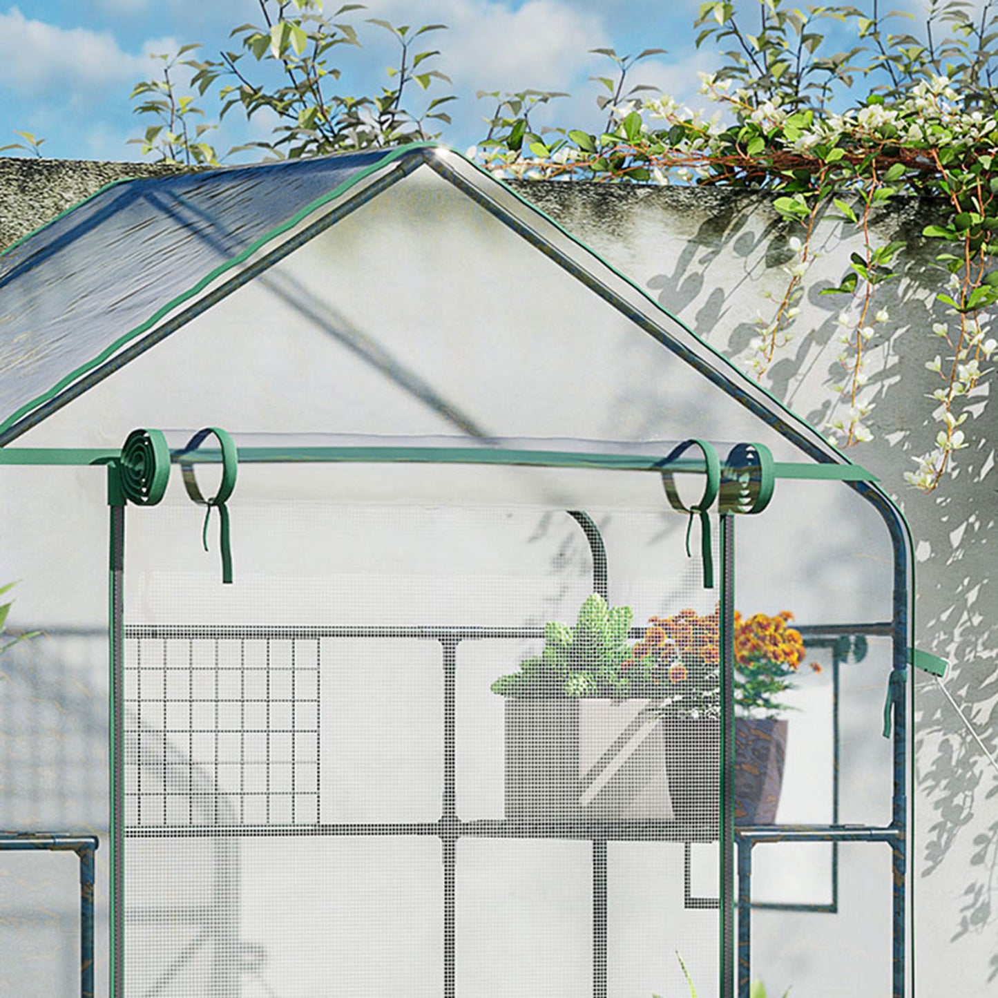 Walk-in Greenhouse with 4 Shelves, 56" x 29" x 77" Mini Greenhouse ,Roll-Up Door, Mesh Windows for Seedling, Flowers, Plant Growing, Clear