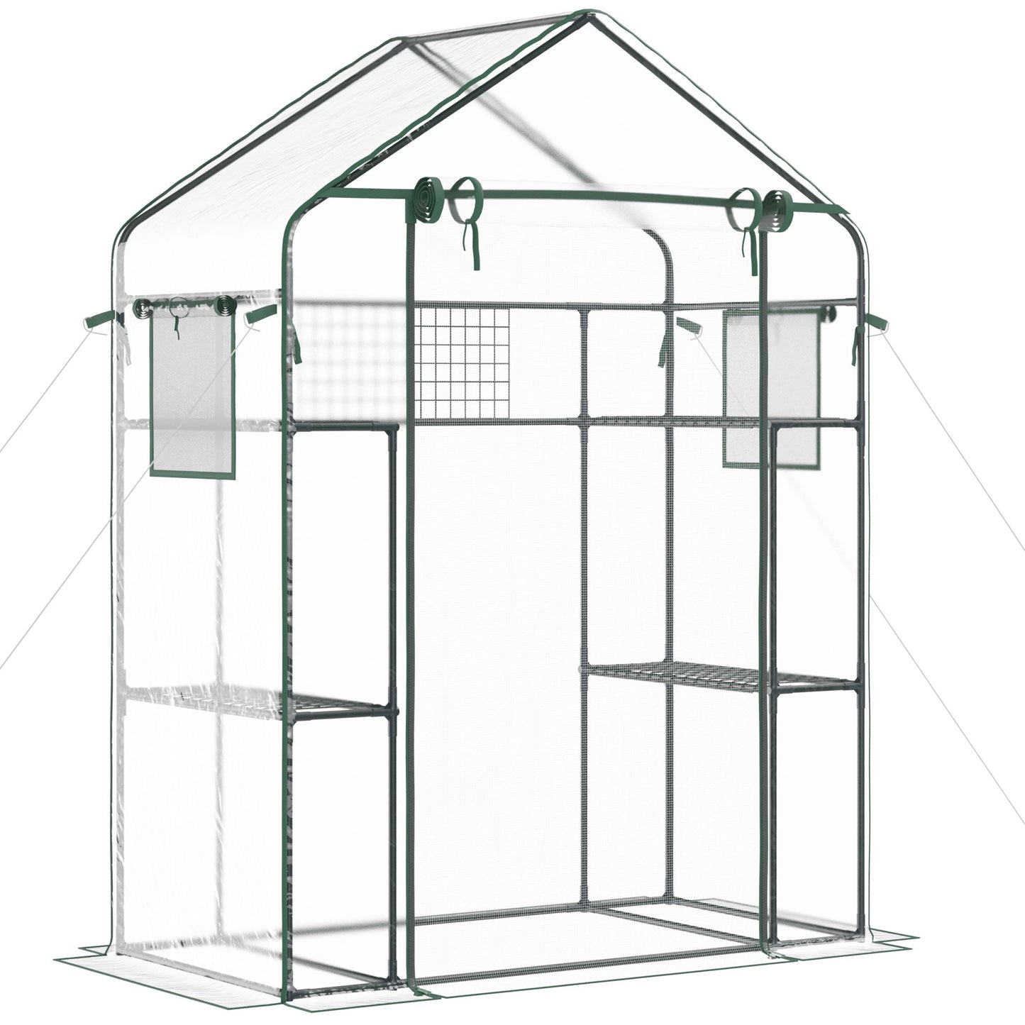 Walk-in Greenhouse with 4 Shelves, 56" x 29" x 77" Mini Greenhouse ,Roll-Up Door, Mesh Windows for Seedling, Flowers, Plant Growing, Clear