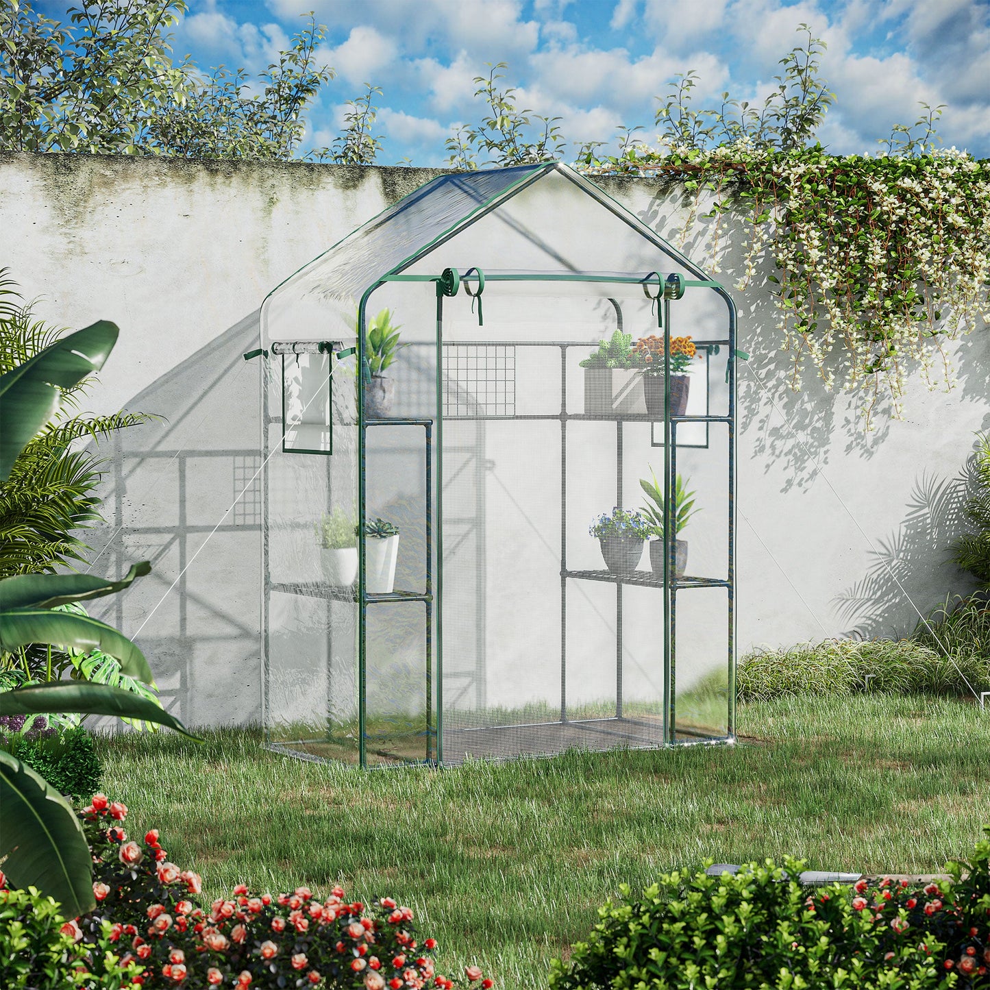 Walk-in Greenhouse with 4 Shelves, 56" x 29" x 77" Mini Greenhouse ,Roll-Up Door, Mesh Windows for Seedling, Flowers, Plant Growing, Clear