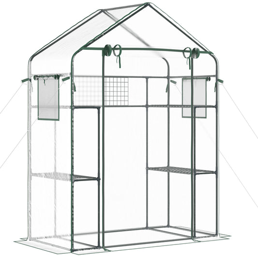 Walk-in Greenhouse with 4 Shelves, 56" x 29" x 77" Mini Greenhouse ,Roll-Up Door, Mesh Windows for Seedling, Flowers, Plant Growing, Clear