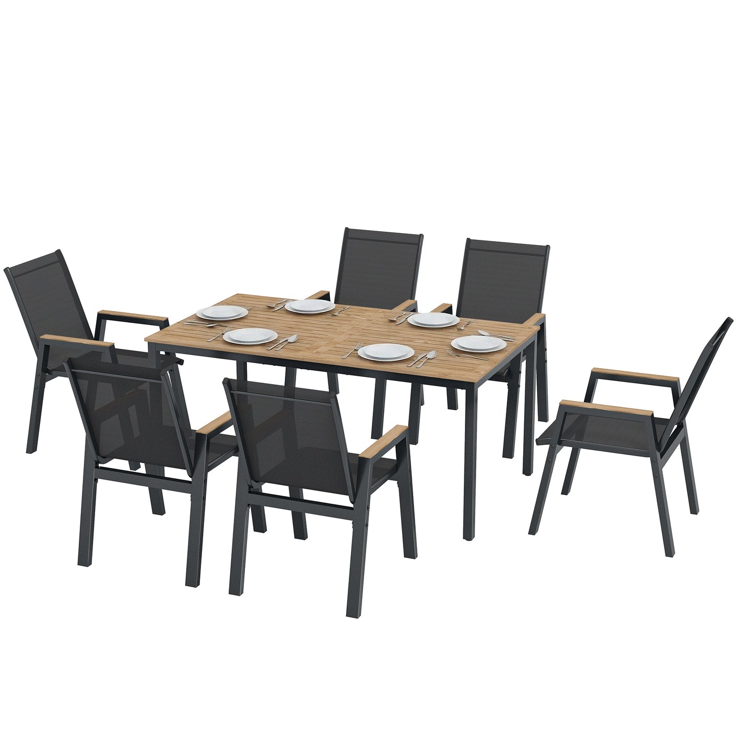 7 Piece Outdoor Dining Set, Rectangle Patio Table and 6 Mesh Chairs with Slatted Tabletop, All Weather Outdoor Dining Furniture Set for Backyard, Deck, Garden, Black