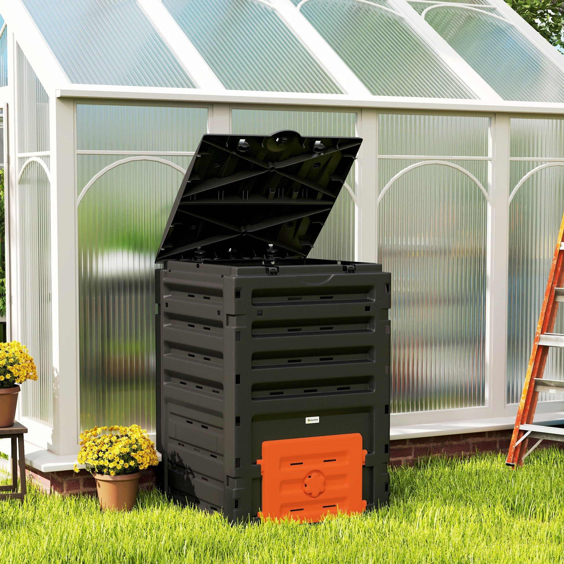 Compost Bin, 120 Gallon (450L) Garden Composter with Gloves, 80 Vents and 2 Sliding Doors, Lightweight & Solid, Fast Creation of Fertile Soil, Orange