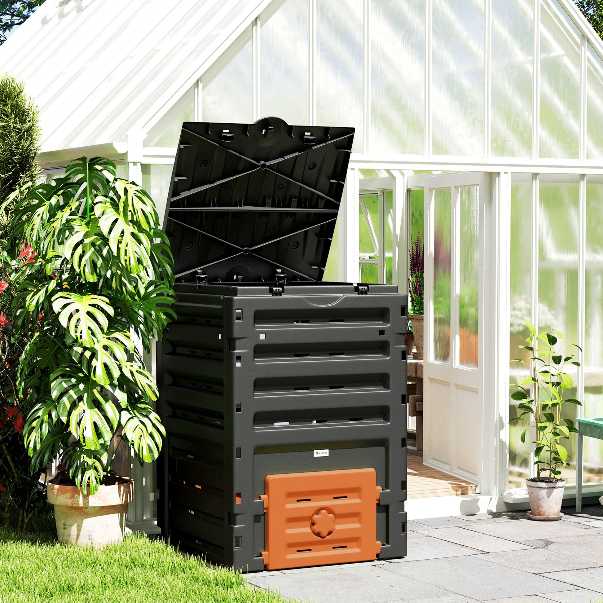 Compost Bin, 120 Gallon (450L) Garden Composter with Gloves, 80 Vents and 2 Sliding Doors, Lightweight & Solid, Fast Creation of Fertile Soil, Orange