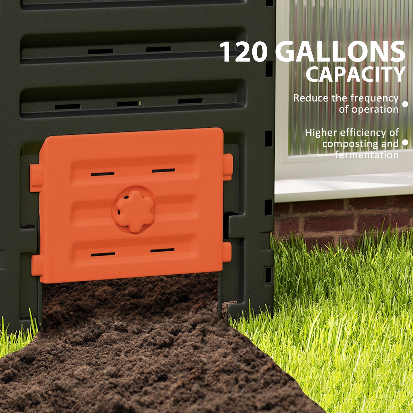 Compost Bin, 120 Gallon (450L) Garden Composter with Gloves, 80 Vents and 2 Sliding Doors, Lightweight & Solid, Fast Creation of Fertile Soil, Orange
