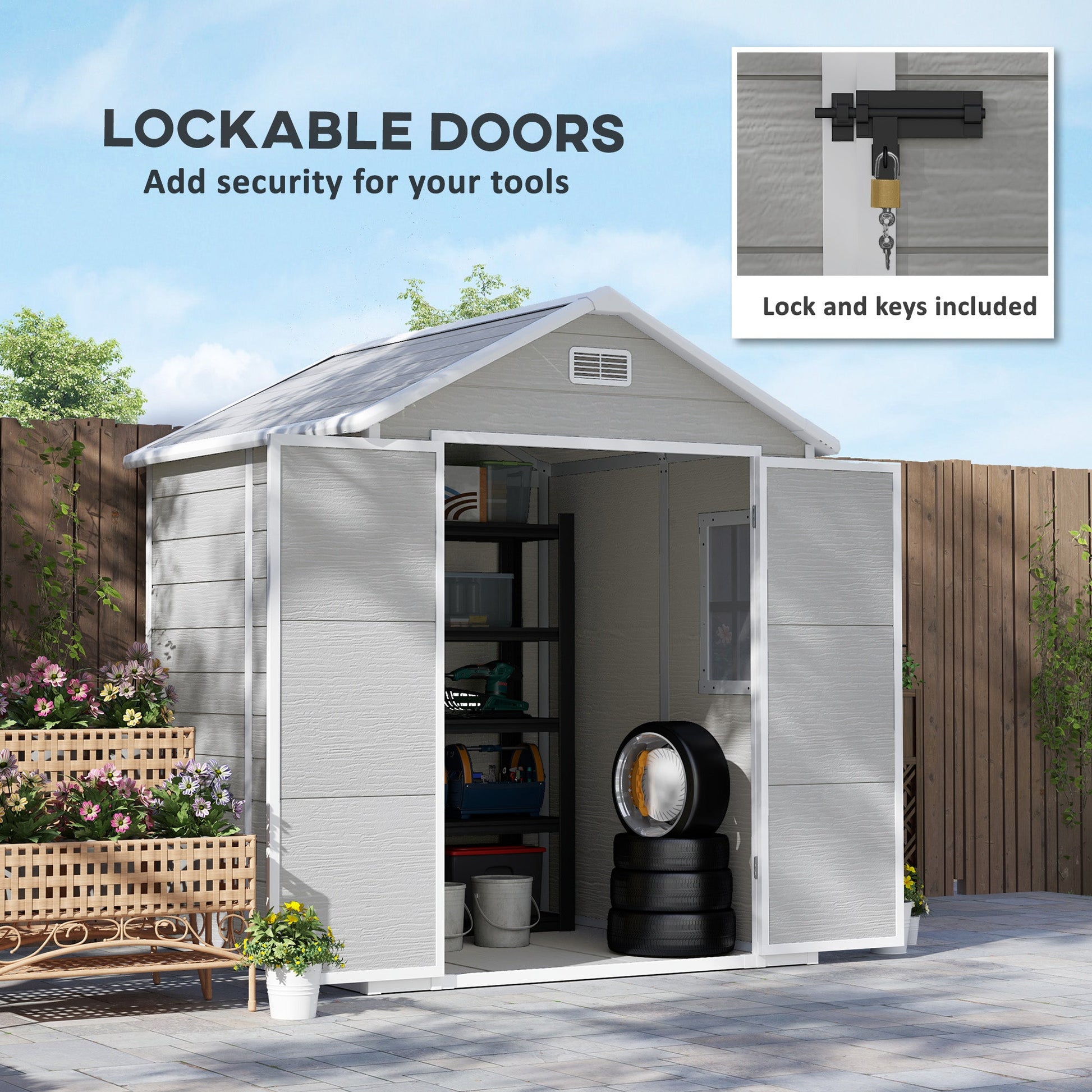 6' x 5' Outdoor Storage Shed, Plastic Garden Shed with Floor, Window, Lockable Doors and Vents, Wood Effect Resin Tool Shed for Backyard, Patio, Lawn, Dark Grey