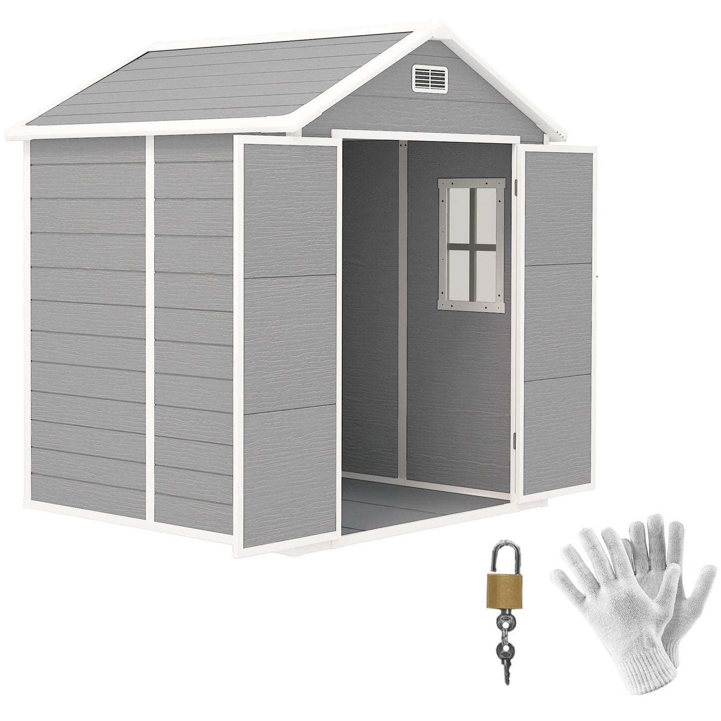 6' x 5' Outdoor Storage Shed, Plastic Garden Shed with Floor, Window, Lockable Doors and Vents, Wood Effect Resin Tool Shed for Backyard, Patio, Lawn, Dark Grey