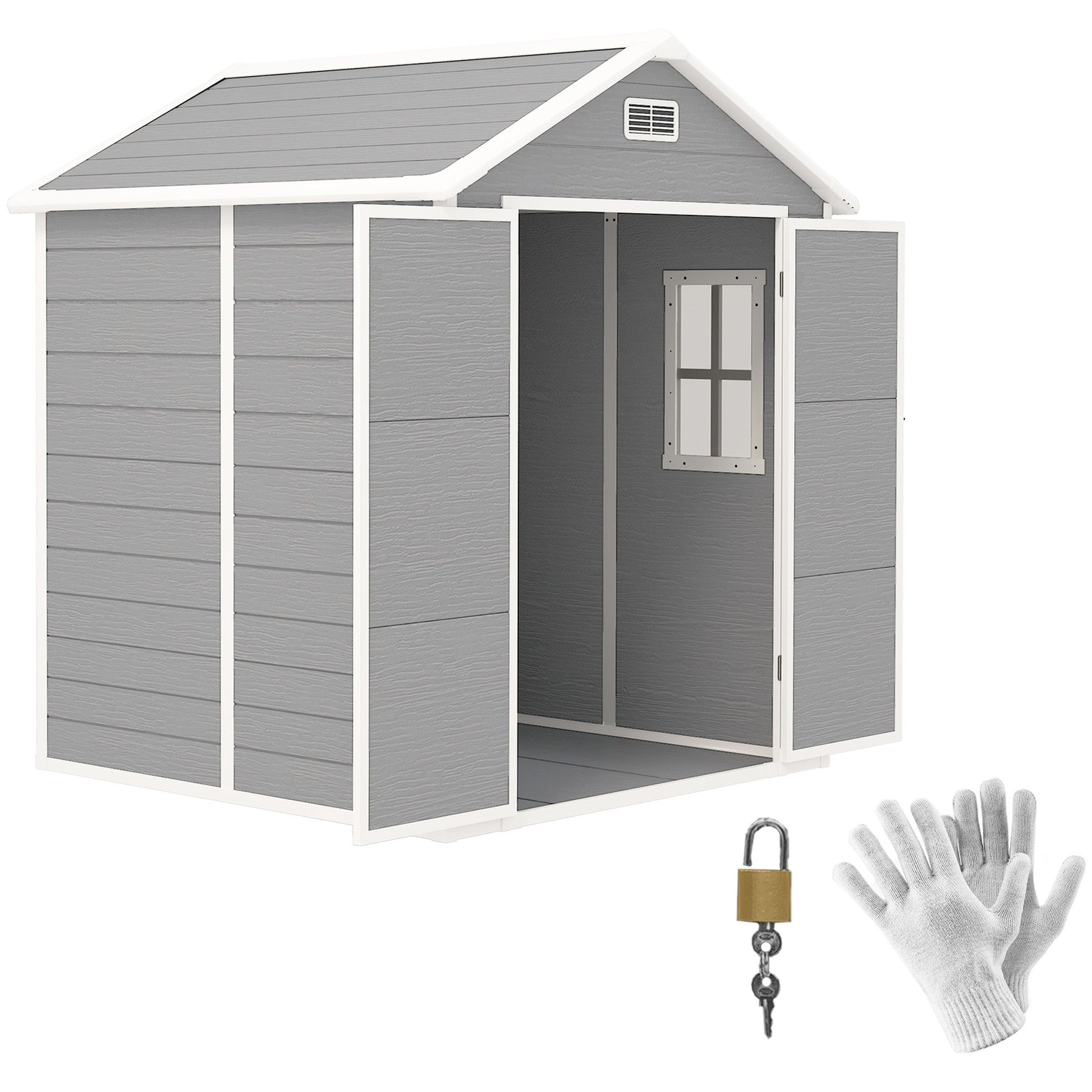 6' x 5' Outdoor Storage Shed, Plastic Garden Shed with Floor, Window, Lockable Doors and Vents, Wood Effect Resin Tool Shed for Backyard, Patio, Lawn, Dark Grey