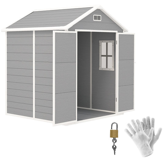 6' x 5' Outdoor Storage Shed, Plastic Garden Shed with Floor, Window, Lockable Doors and Vents, Wood Effect Resin Tool Shed for Backyard, Patio, Lawn, Dark Grey