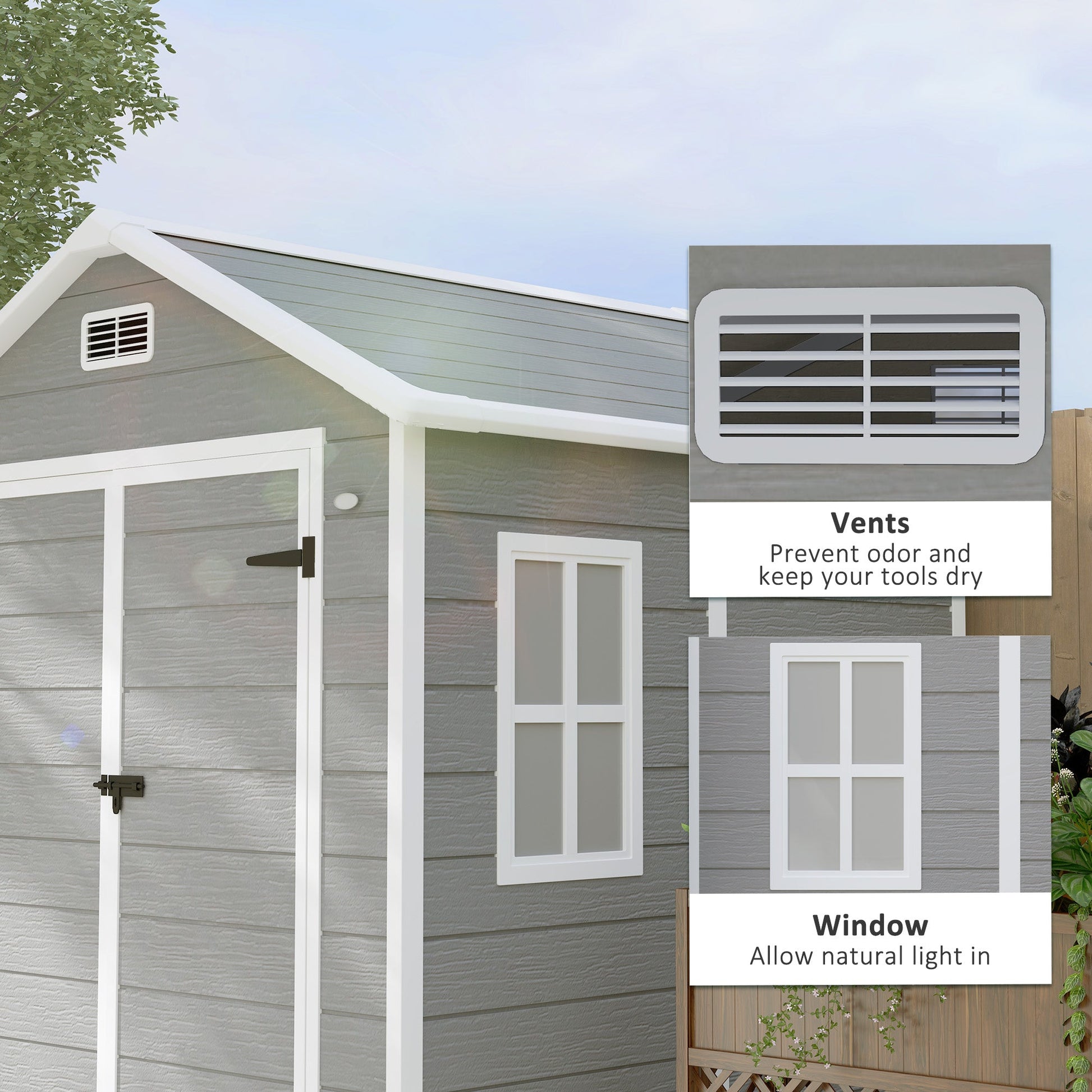 6' x 5' Outdoor Storage Shed, Plastic Garden Shed with Floor, Window, Lockable Doors and Vents, Wood Effect Resin Tool Shed for Backyard, Patio, Lawn, Dark Grey