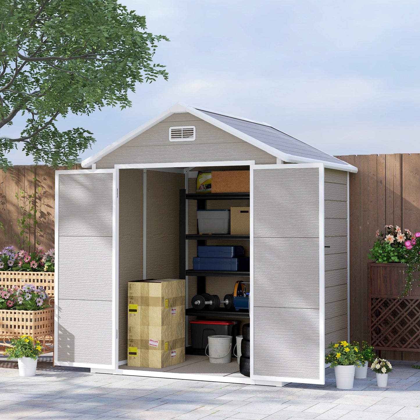 6' x 5' Outdoor Storage Shed, Plastic Garden Shed with Floor, Window, Lockable Doors and Vents, Wood Effect Resin Tool Shed for Backyard, Patio, Lawn, Dark Grey