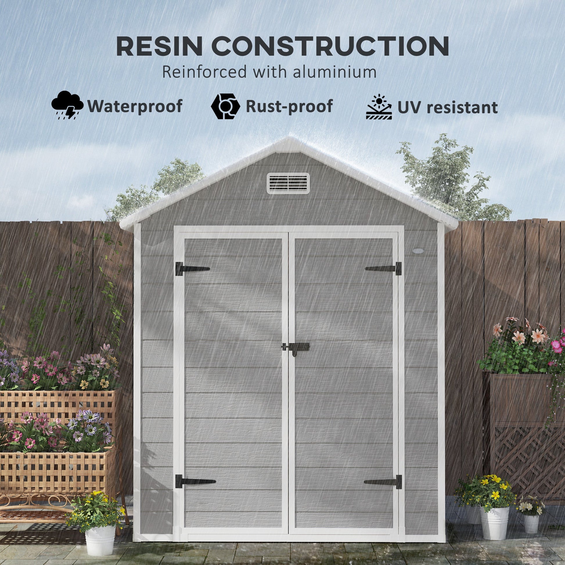 6' x 5' Outdoor Storage Shed, Plastic Garden Shed with Floor, Window, Lockable Doors and Vents, Wood Effect Resin Tool Shed for Backyard, Patio, Lawn, Dark Grey