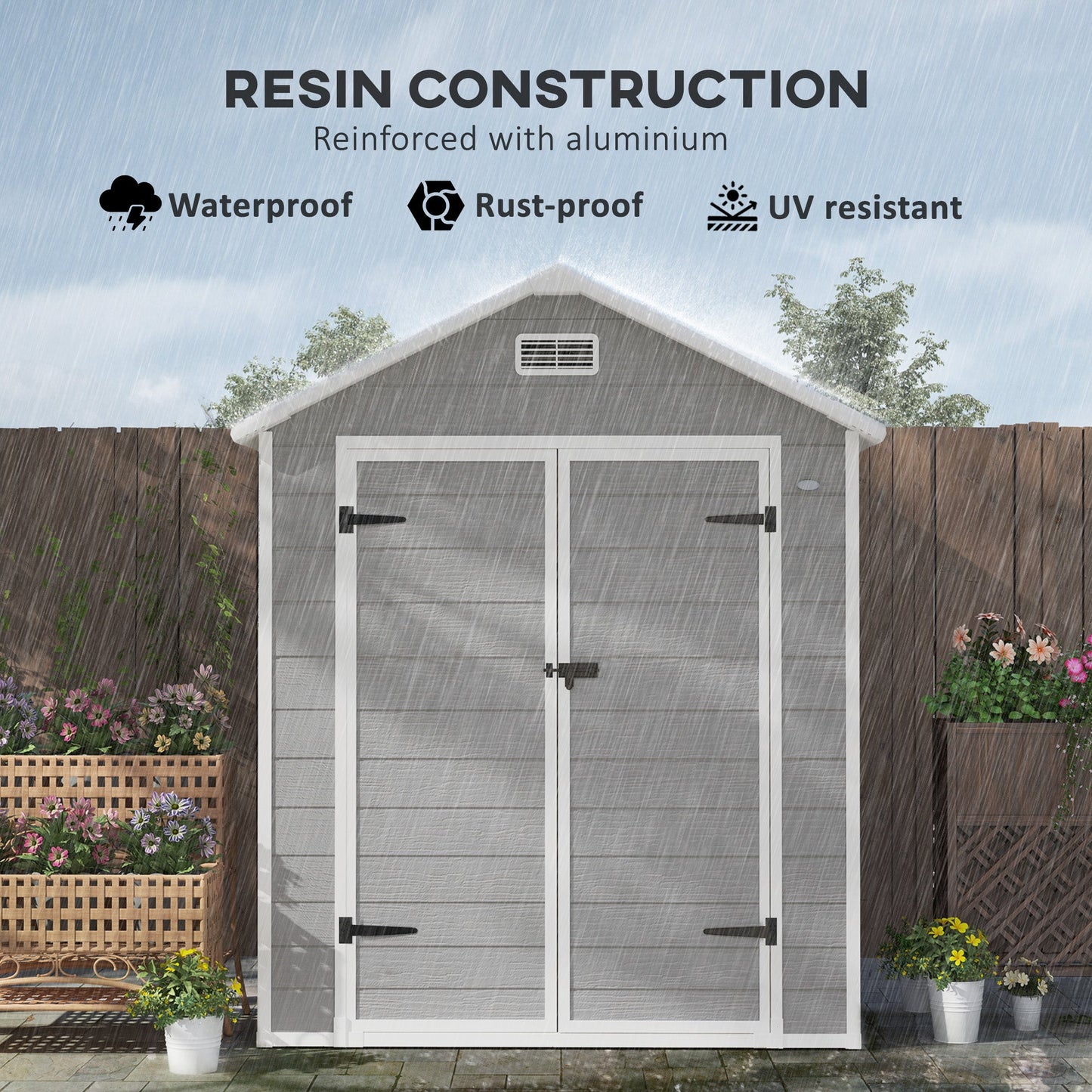 6' x 5' Outdoor Storage Shed, Plastic Garden Shed with Floor, Window, Lockable Doors and Vents, Wood Effect Resin Tool Shed for Backyard, Patio, Lawn, Dark Grey