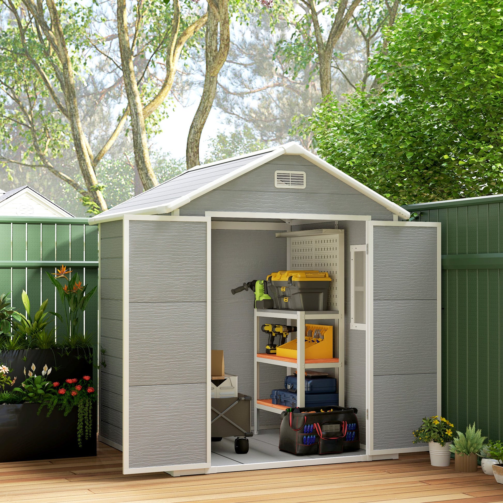 6' x 5' Outdoor Storage Shed, Plastic Garden Shed with Floor, Window, Lockable Doors and Vents, Wood Effect Resin Tool Shed for Backyard, Patio, Lawn, Dark Grey