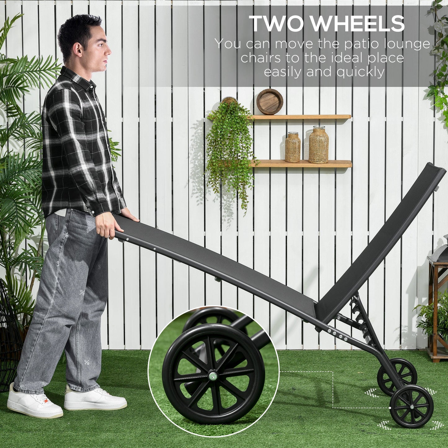 Lounge Chair Set of 2 with Wheels, Outdoor Chaise Lounge with 5-Level Adjustable Backrest for Garden, Backyard, Patio, Deck, Poolside, Black