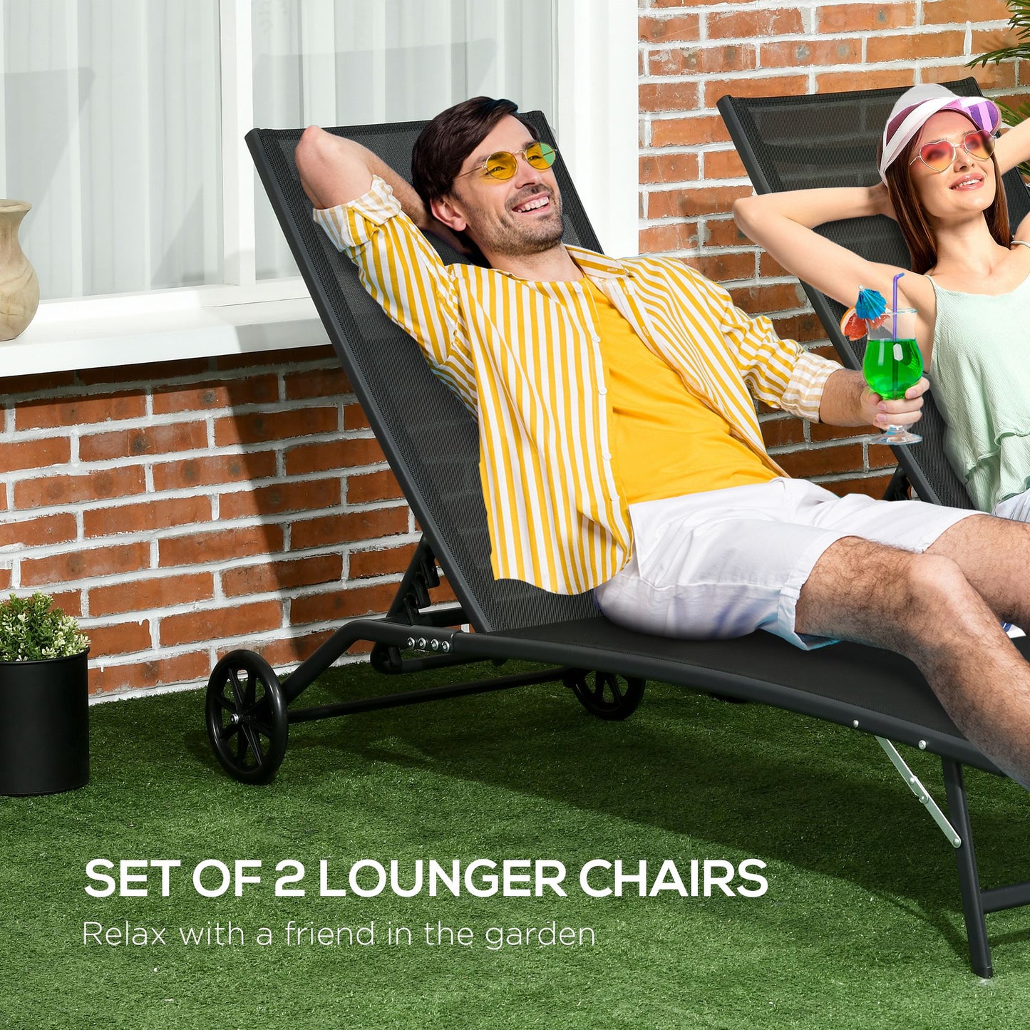 Lounge Chair Set of 2 with Wheels, Outdoor Chaise Lounge with 5-Level Adjustable Backrest for Garden, Backyard, Patio, Deck, Poolside, Black